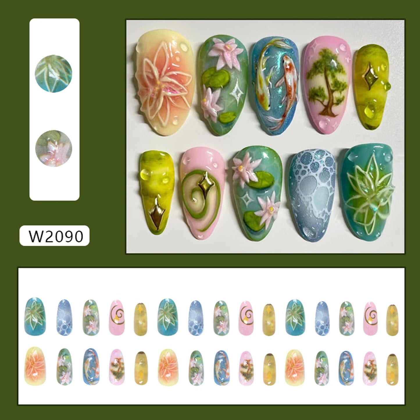 24Pcs Green Press on Nails Medium Almond Fake Nails with Lotus and Lucky Koi Design, Glossy Full Cover Stick on Nails Wearable Spring Summer Ins Fake Nail Tips for Women DIY Manicure Daily Wear