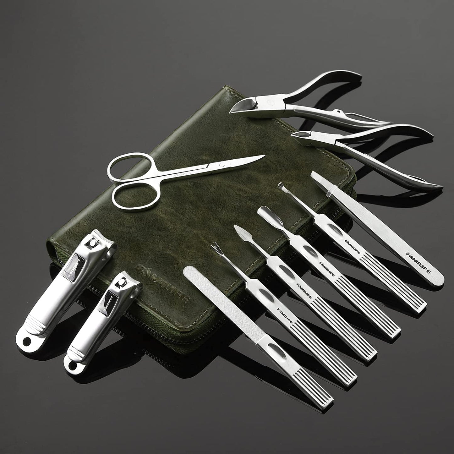 FAMILIFE F03 Manicure Set, Pedicure Kit Nail Clipper Set 13pcs Professional Men Grooming Kit and 11 in 1 Stainless Steel Mens Manicure Kit Leather Pedicure Tools Kit Grooming Kit with Travel Case Box