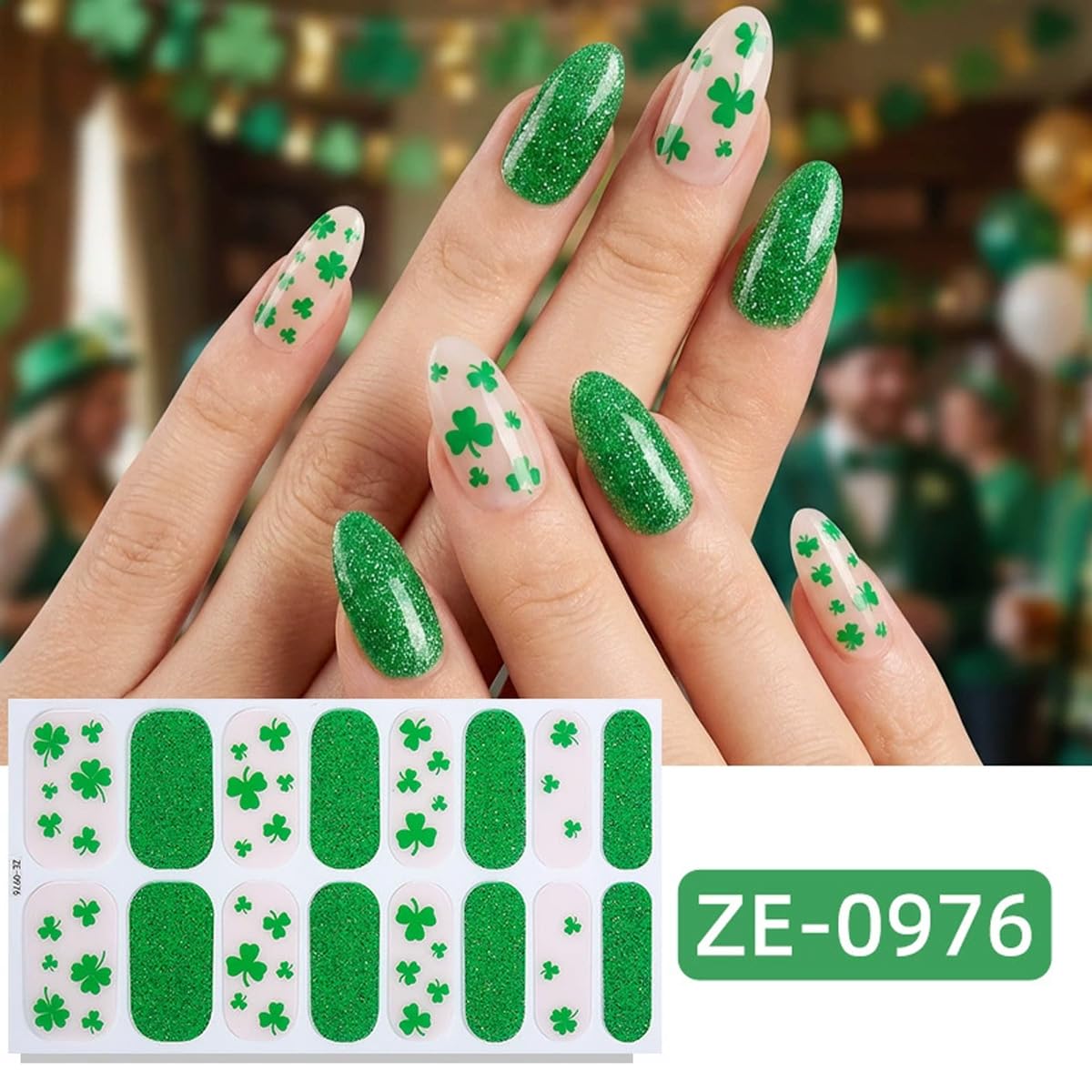 4 Sheets St Patrick’s Day Gel Nail Stickers for Nail Art Shamrock Gel Nail Polish Strips Green Clover with Glitter Design Green Irish Stickers Full Wrap Gel Nail Strips Sticker for Manicure Salon