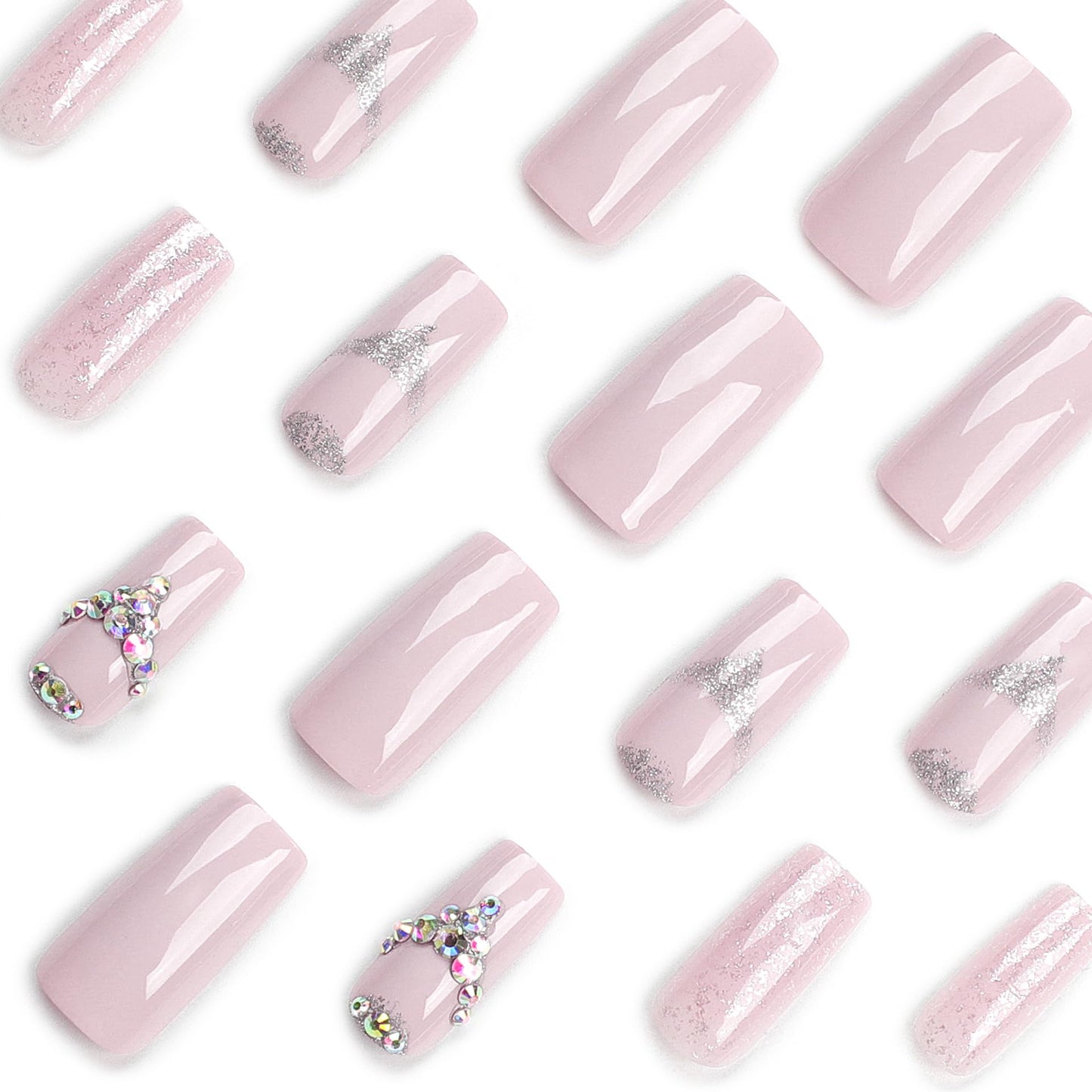 IMSOHOT Press on Nails Medium Square Rhinestone Pink Fake Nails Bling Glitter Glossy False Nail Artificial Glue on Nails Finger Manicure for Women and Girls 24pcs