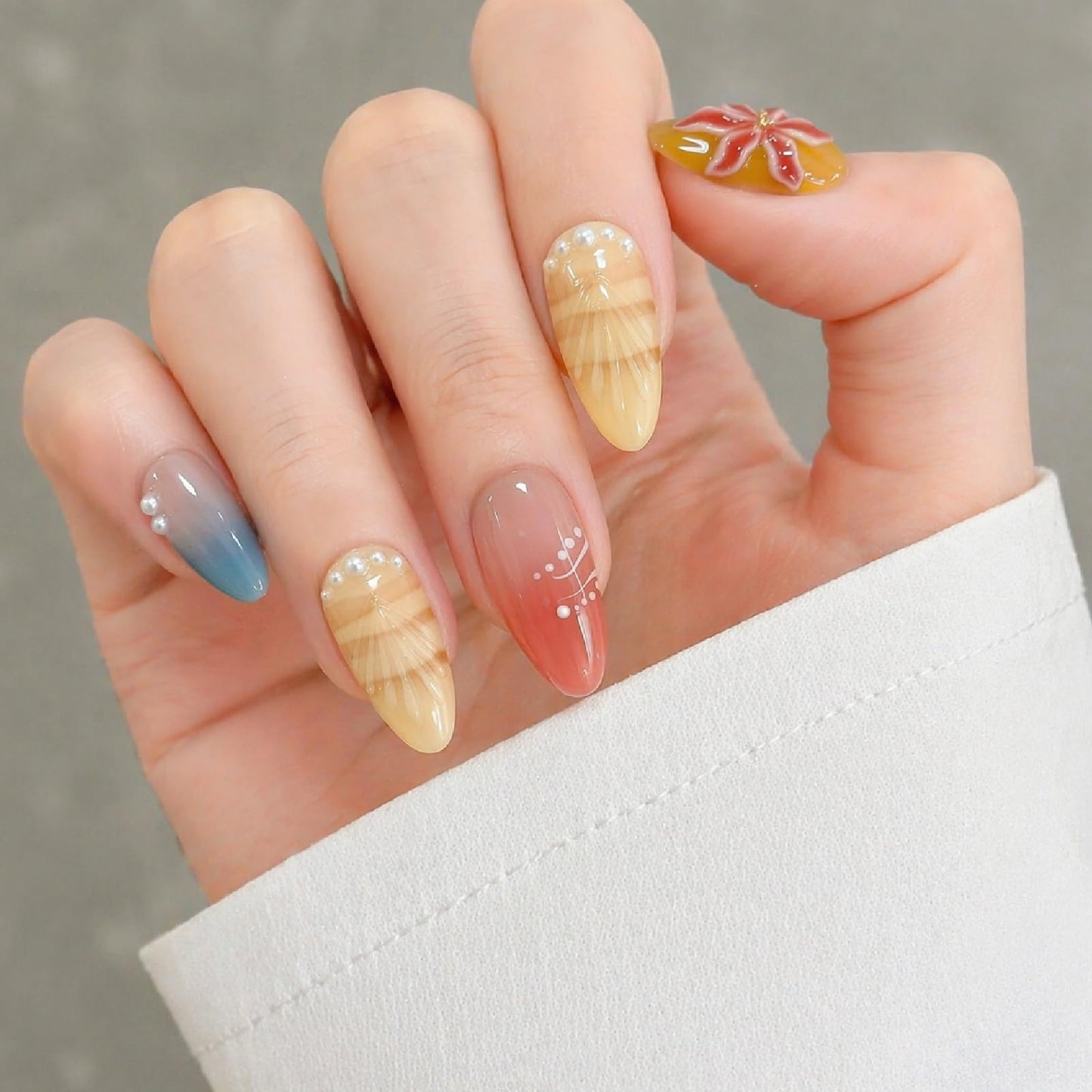 Threelegscat Yellow Handmade 10PCS Press on Nails, Medium Almond Fake Nails with 3D Flower Pearl, Reusable Gift for Women Daily Wear, Party, M Size