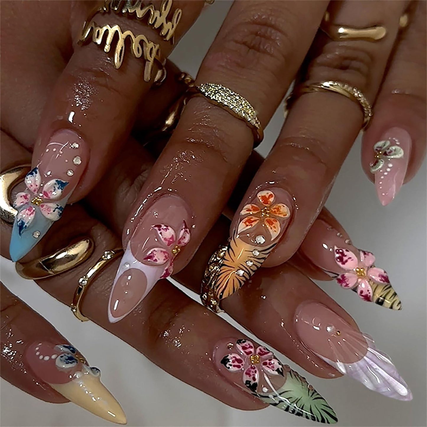 HOSAILY 3D Coloful Flower Press on Nails Medium Almond, Tropical Floral Summer Beach Vacatin Holiday Press ons for Women, 24pcs Glossy Pretty Reusable Soft Gel Full Cover Stick on Fake Acrylic Nails
