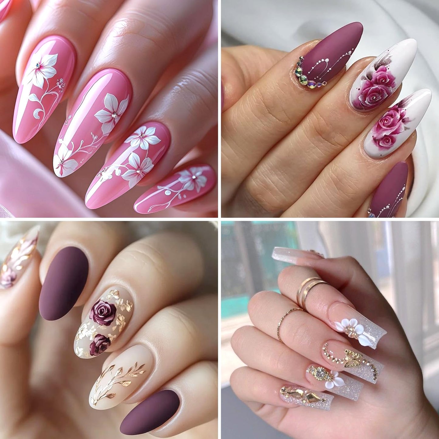 2Sheets 5D Embossed Flower Nail Art Stickers Self-Adhesive Smudge Rose Flowers Feather Nail Decals with Rhinestone Design Nail Sticker Cute Floral French Nail Decal for Women Autumn Winter Nails Decor
