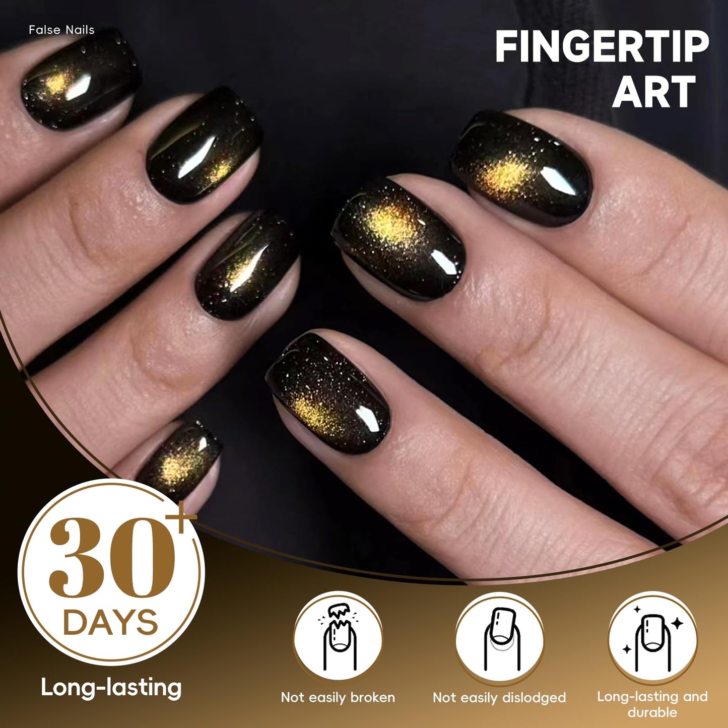 HOSAILY Black Gold Cat Eye Press on Nails Short Square New Year Fake Nails with Magnetic Shimmer Design, 24pcs Glossy Soft Gel Glue on Nails Coffin, Salon Quality Stick on Nails Press Ons for Women