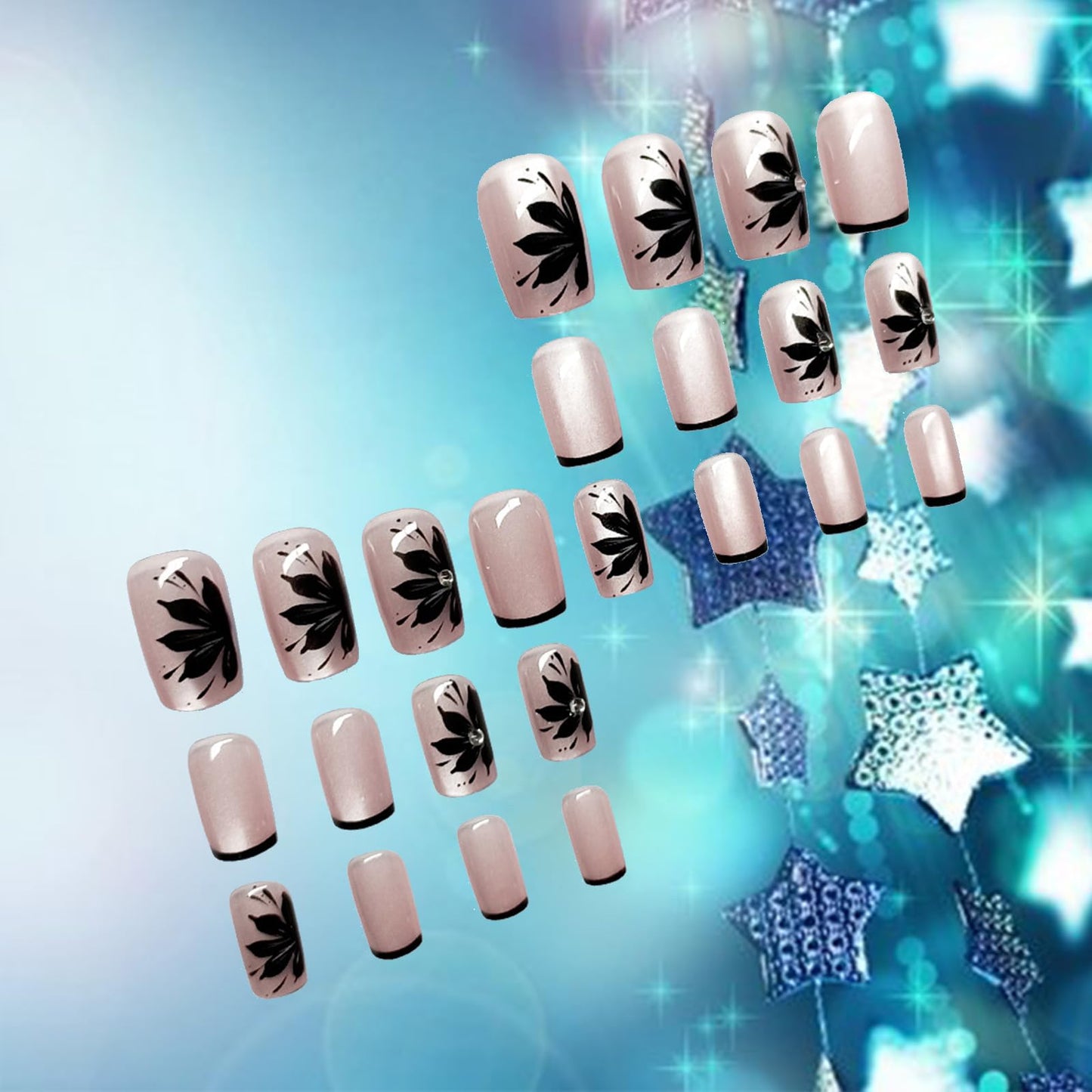 Winter Flower Press on Nails Black French False Nails Glossy Pink Cat Eye Acrylic Fake Nails 24Pcs Rhinestones Gel Glue on Nails for Manicure Flower Stick on Medium Square Nail for Coquette Women Girl