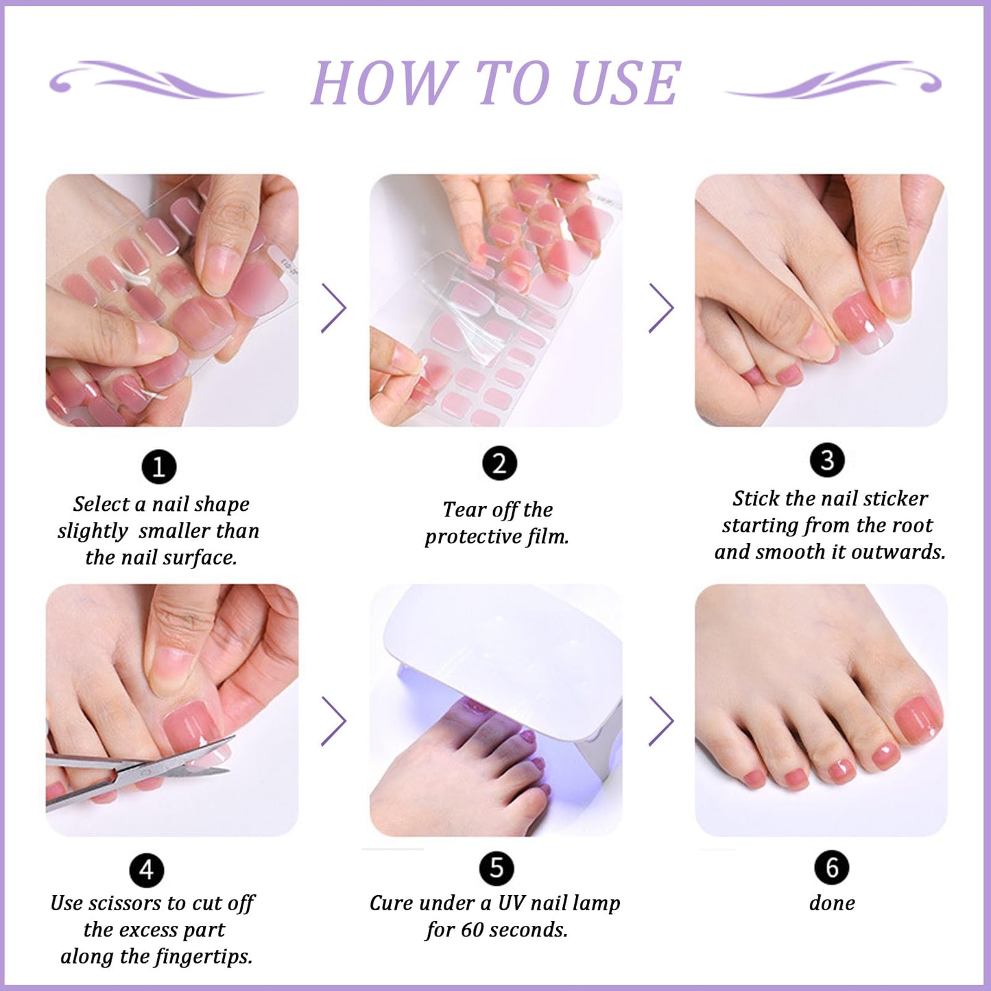 XEAOHESY 26pcs Semi Cured Gel Toe Nail Strips, Pedicure Nail Strips, Toe Nail Stickers, Needs to Be Cured, Come With Nail File, Wood Cuticle Stick, Plastic Press Stick（Purple+Flower）