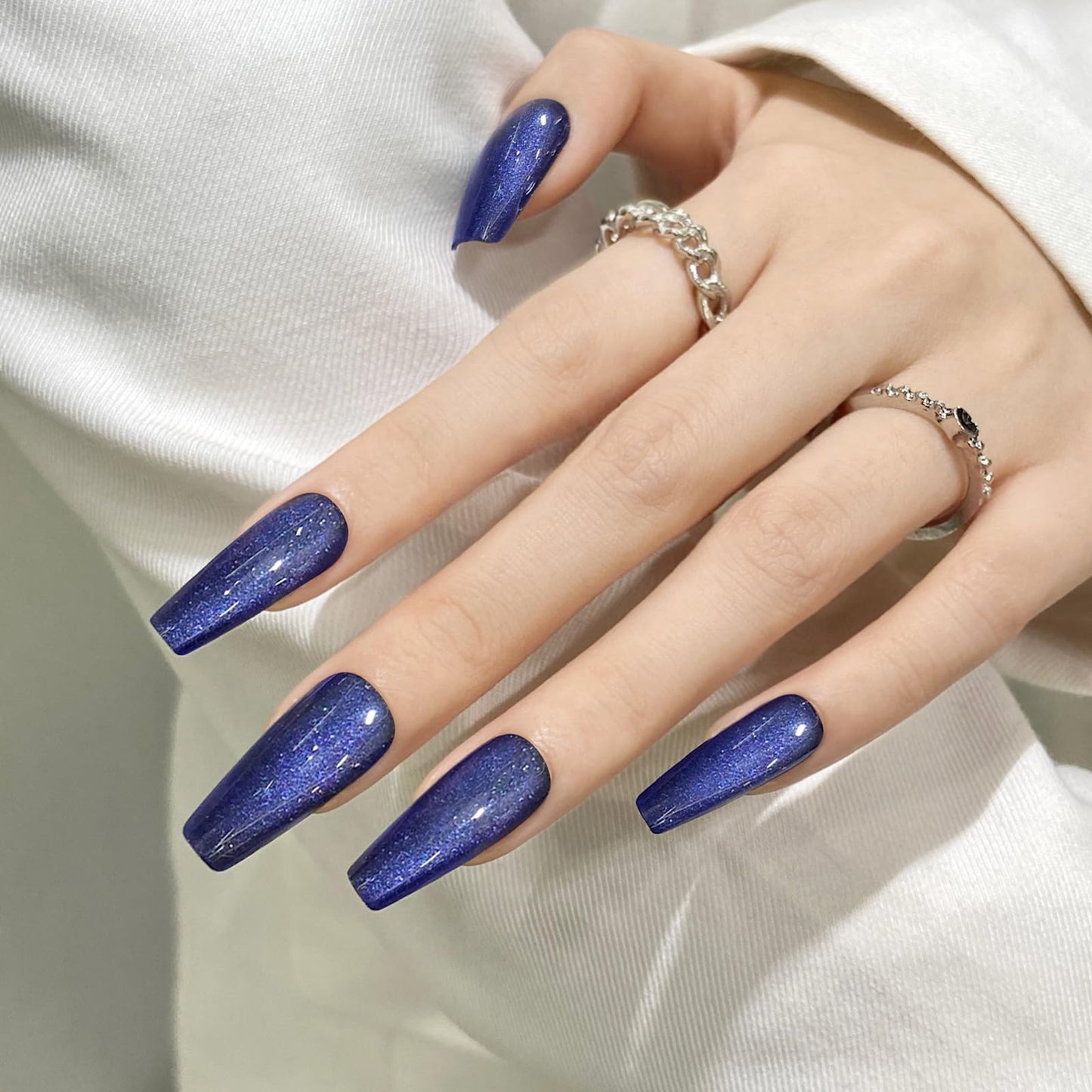 Dark Blue Cat Eyes Press On Nails,12 Sizes - 24 Pcs Soft Gel Blue Medium Coffin Fake Nails Kit with Nail Glue, Natural Reusable Stick On False Nails for Women and Girls SK0999