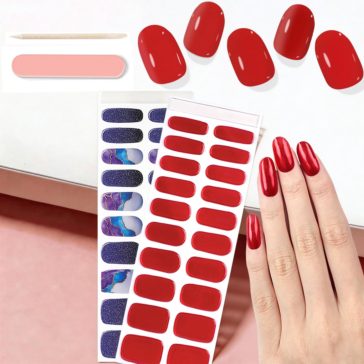 WOKOTO 2 Pack Semi Cured Gel Nail Strips, Galaxy Nebula & Chrome Burgundy 40 Pcs (10 Size) Full Nail Wraps With Nail File & Wooden Stick, UV Gel Nail Polish Stickers For Women Girls, Salon Quality