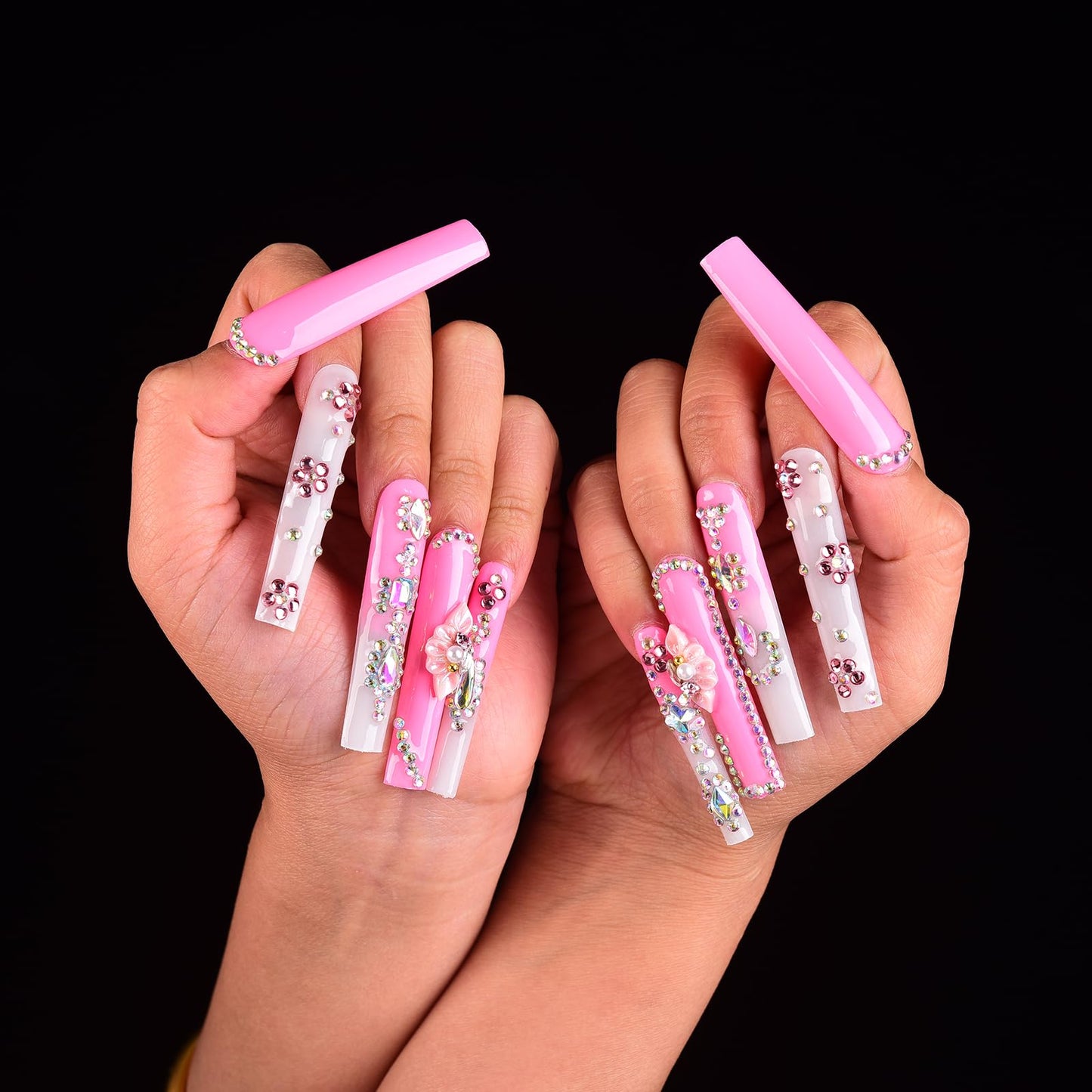 Tmani 10pc/set Extra Long Handmade Press On Nail Hot Girl's Long Ballet Nails Square Nail Full of Diamond Glitter Decoration Fake Nails Suitable For Girls Festival Parties and Birthday Gift (150,M)