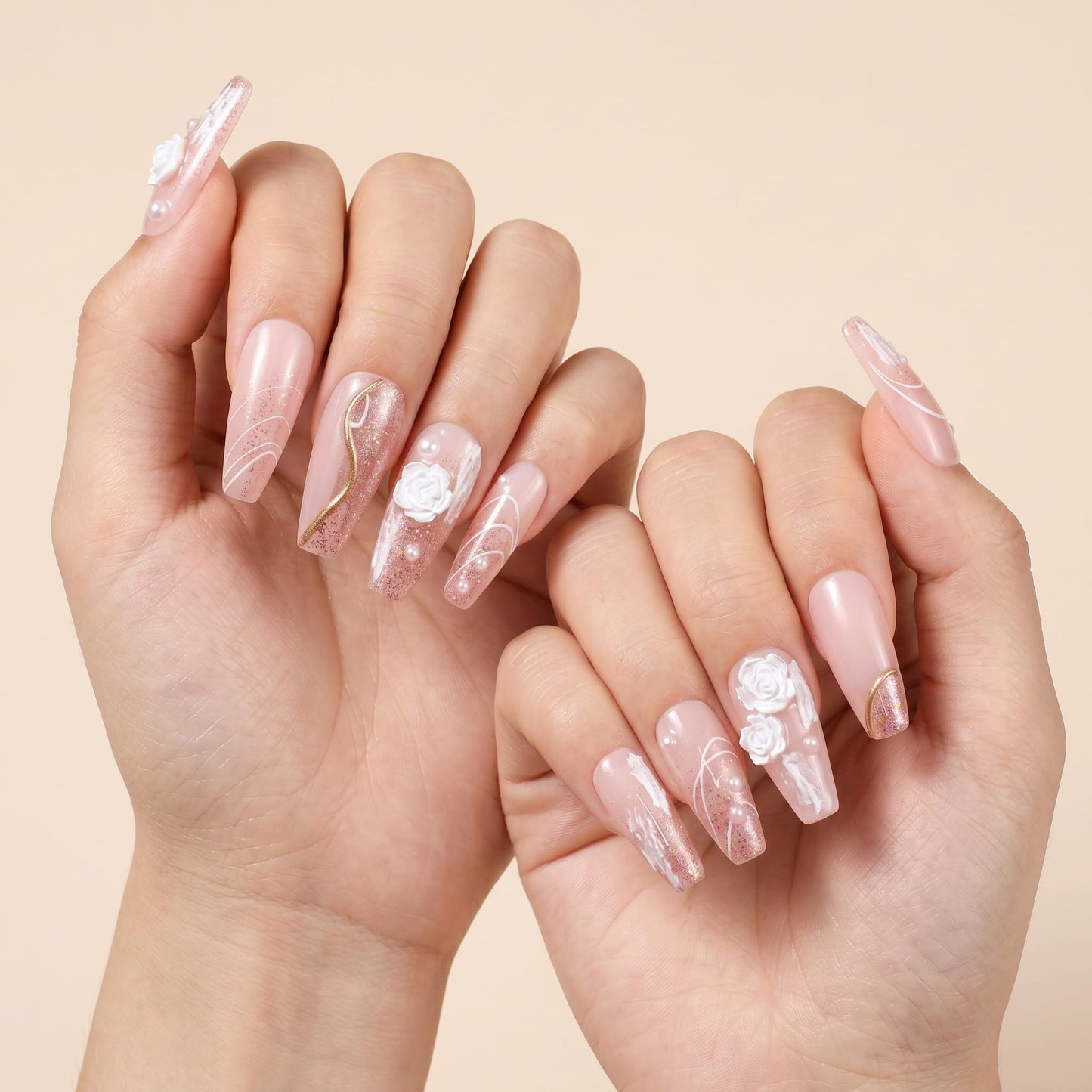 Sun&Beam Nails Handmade Press On Nails Long Coffin Peach Pink Glitter with White Roses and Pearls 10 Pieces for Everyday Wear and Special Occasions (#002 S)