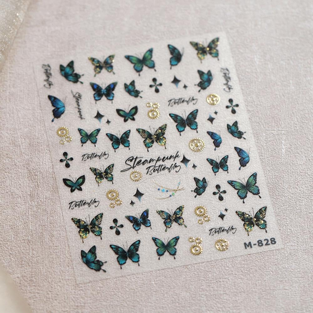 Green Butterfly Nail Stickers 5D Embossed Flower Nail Art Stickers Starlight Nail Decals 3D Self-Adhesive Spring Nail Supplies Summer Nails Decoration Accessories for Women Girls Manicure 1 Sheet