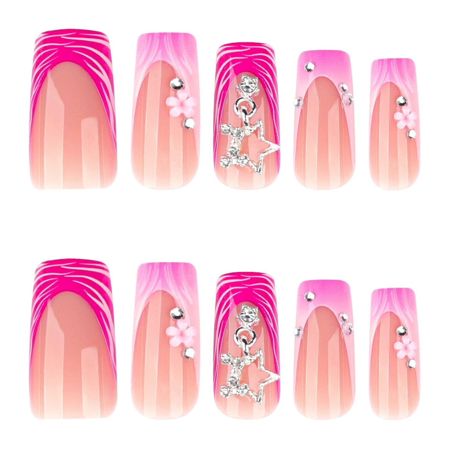 CTTHNBD Press on Square Nails - Medium Fake Nails with Star Charms Design - Pink French Tip False Nails - for Women 24 Pcs