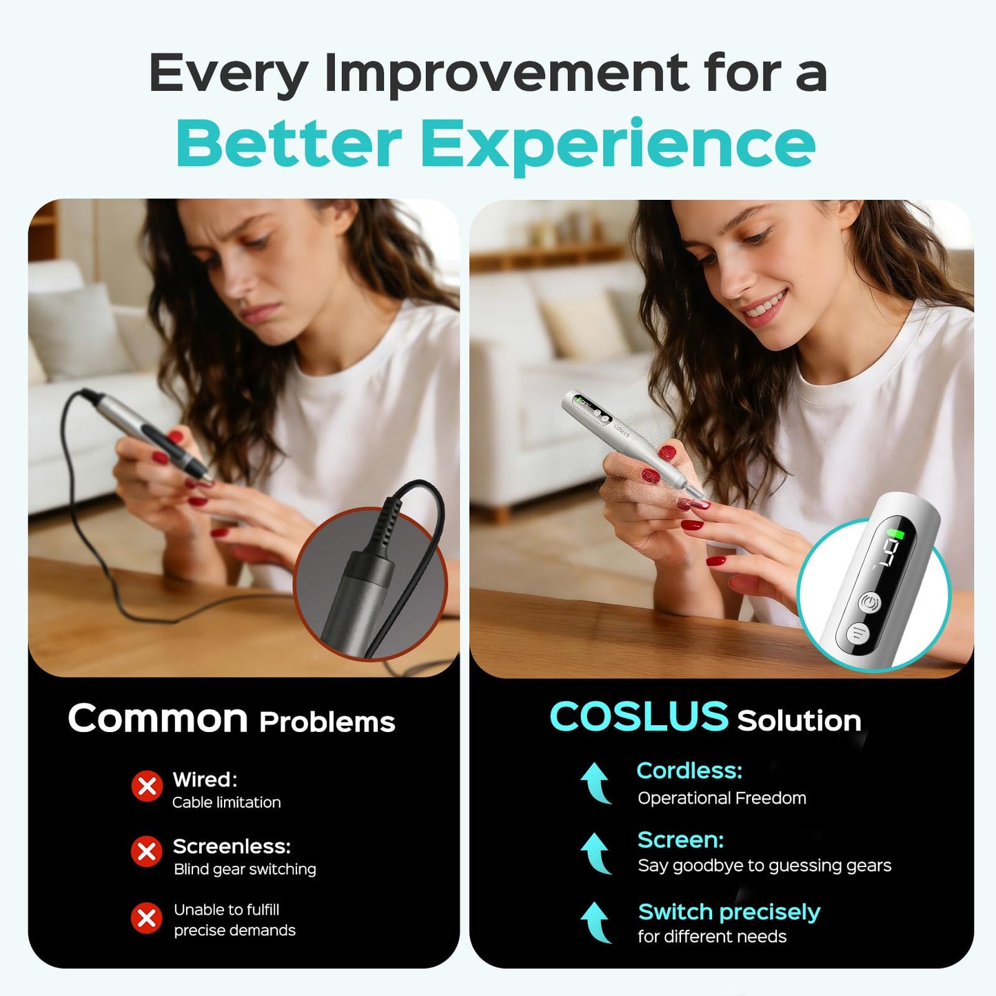 COSLUS C52 Electric Cordless Nail Drill: Professional Nail File kit with LED Screen for Acrylic Gel Powder. Portable for Home DIY & Salon Use. Manicure Pedicure for Beginners, Women, Travel, Gray