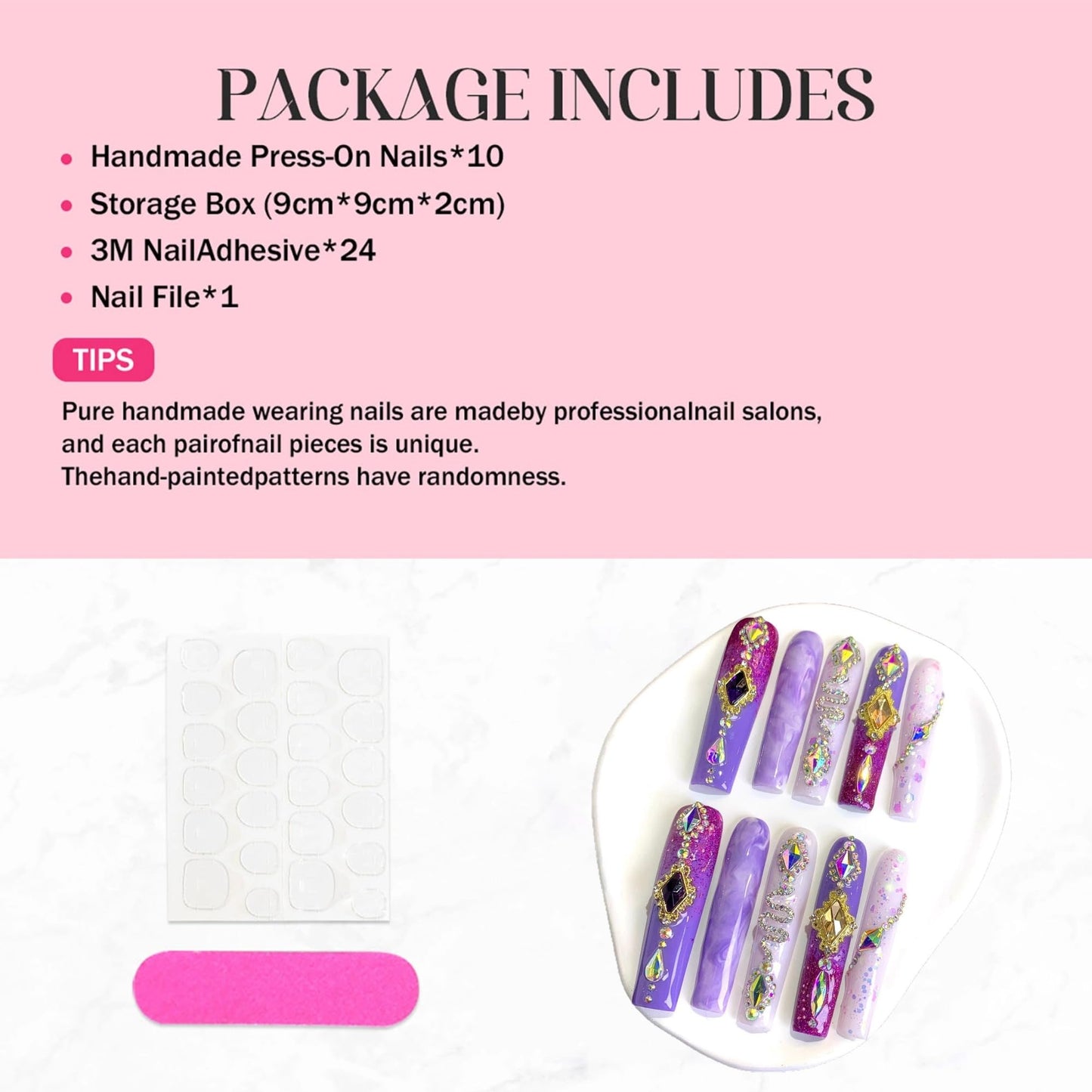 Extra Long Handmade Press On Nails Square Violet Fake Nails Glitter Full Cover False Nails with Glue Luxury Rhinestones and Charms Designs Acrylic Stick on Nail for Women Manicure 10Pcs(Size M)