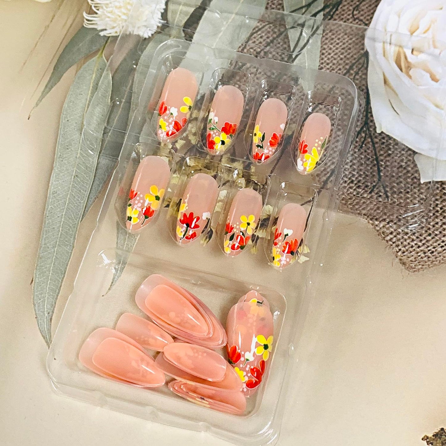 FIEONCIY Press on Almond Nails Short Length Glossy Acrylic Almond Shaped False Nails with Designs Artificial Medium Fake Nails with Charms Glue Stick on Fingernails for Women Girls(WSJ2397)