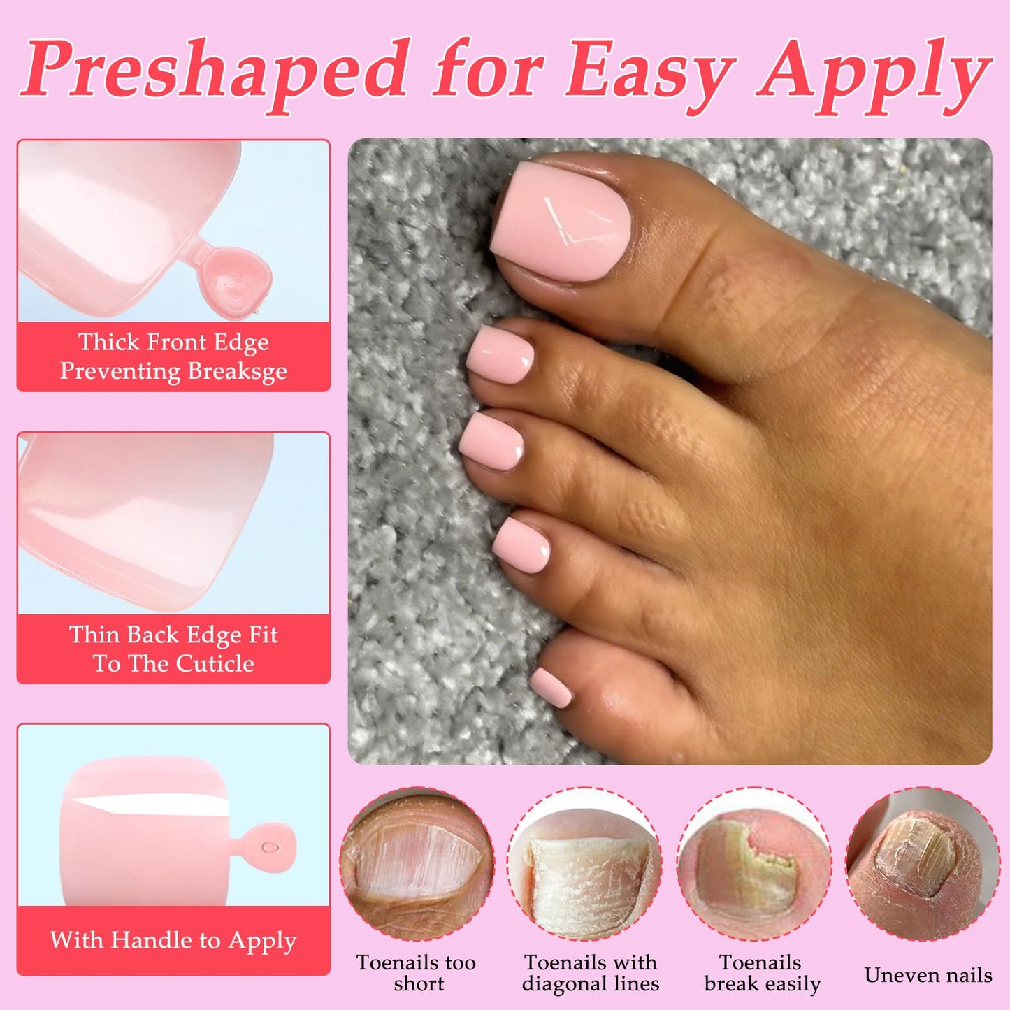 Lifextol 120PC Pink Press on Toenails for Women Fake Toe nail Press ons Acrylic Toe Press on Nails Set, Pink Press on Toe Nails Press on Fake Toenails Press ons Acrylic Toe Nail Tips&Glue Tab-L
