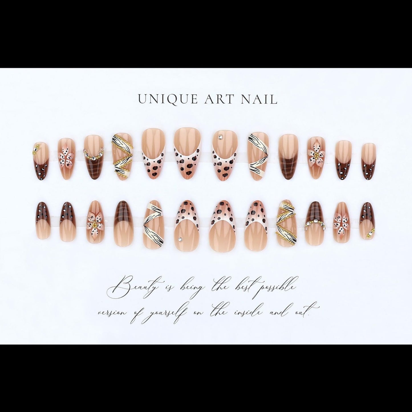SEENEEY Long Almond Press on Nails Brown Fake Nails French Artificial Nail 3D Floral and Gold Charm Designs Cute Stick on Nail for Women 24pcs