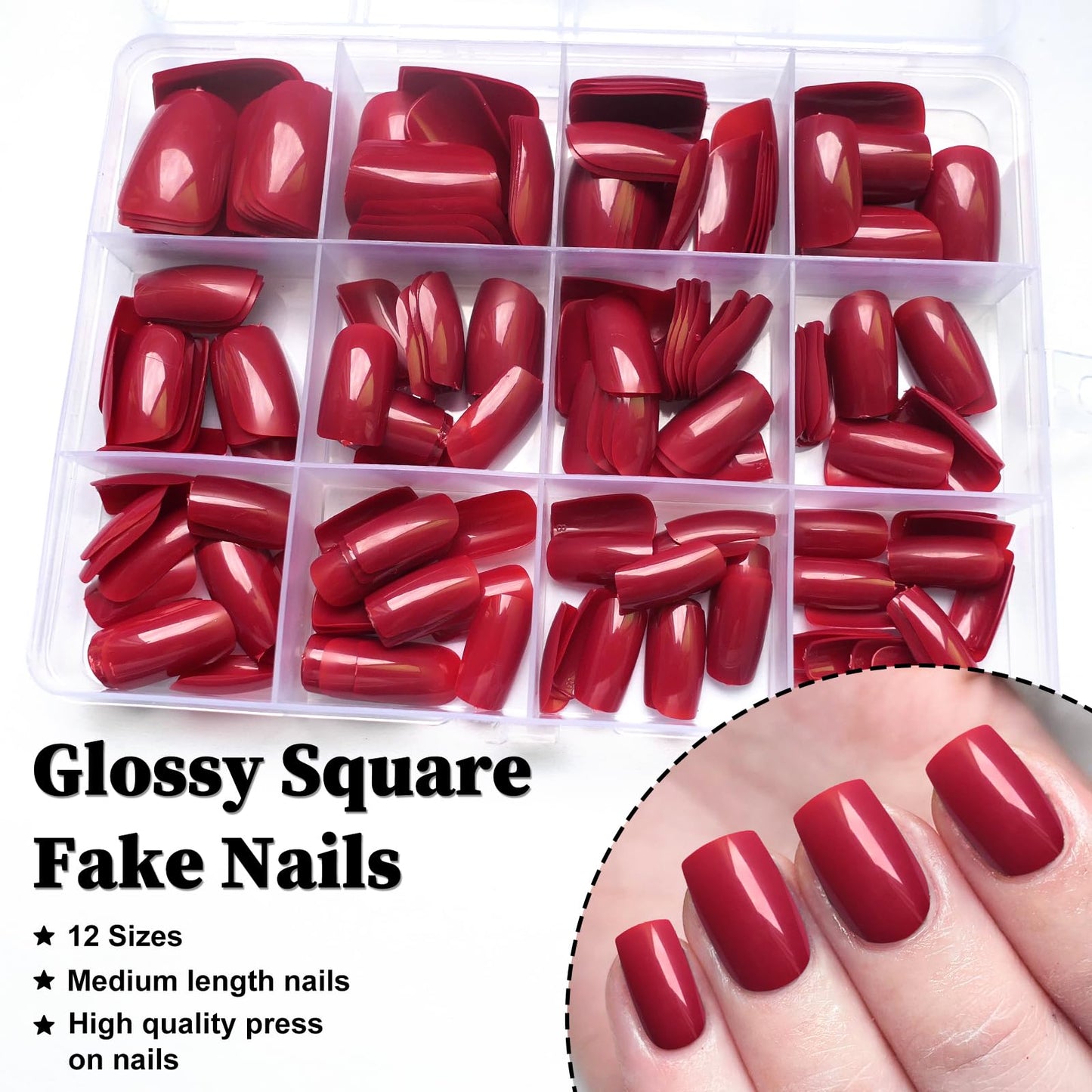 LoveOurHome 240pc Red Press on Nails Medium Square Fake Nails, Red Glue on Nail Press ons Square Nail Tips Medium False Nails Presson Artificial Fingernails with Tabs for Women Girls