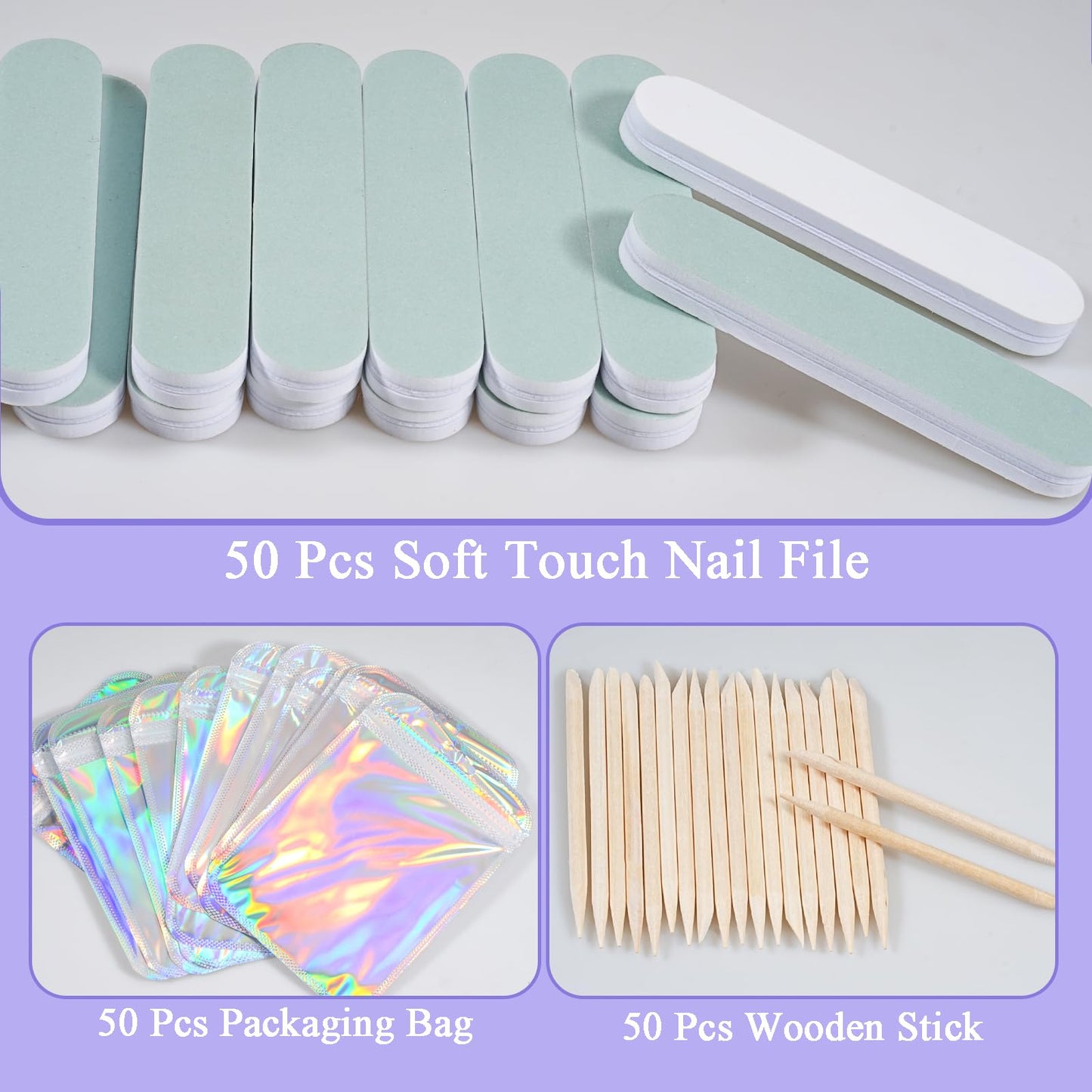 Disposable Manicure Kit Professional, 50 Set Press On Nail Tool Kit with Nail File, Nail Buffer, Nail Buffer Block, Nail Handle Brush, Wood Stick, Packaging Bag (Purple-50pcs)