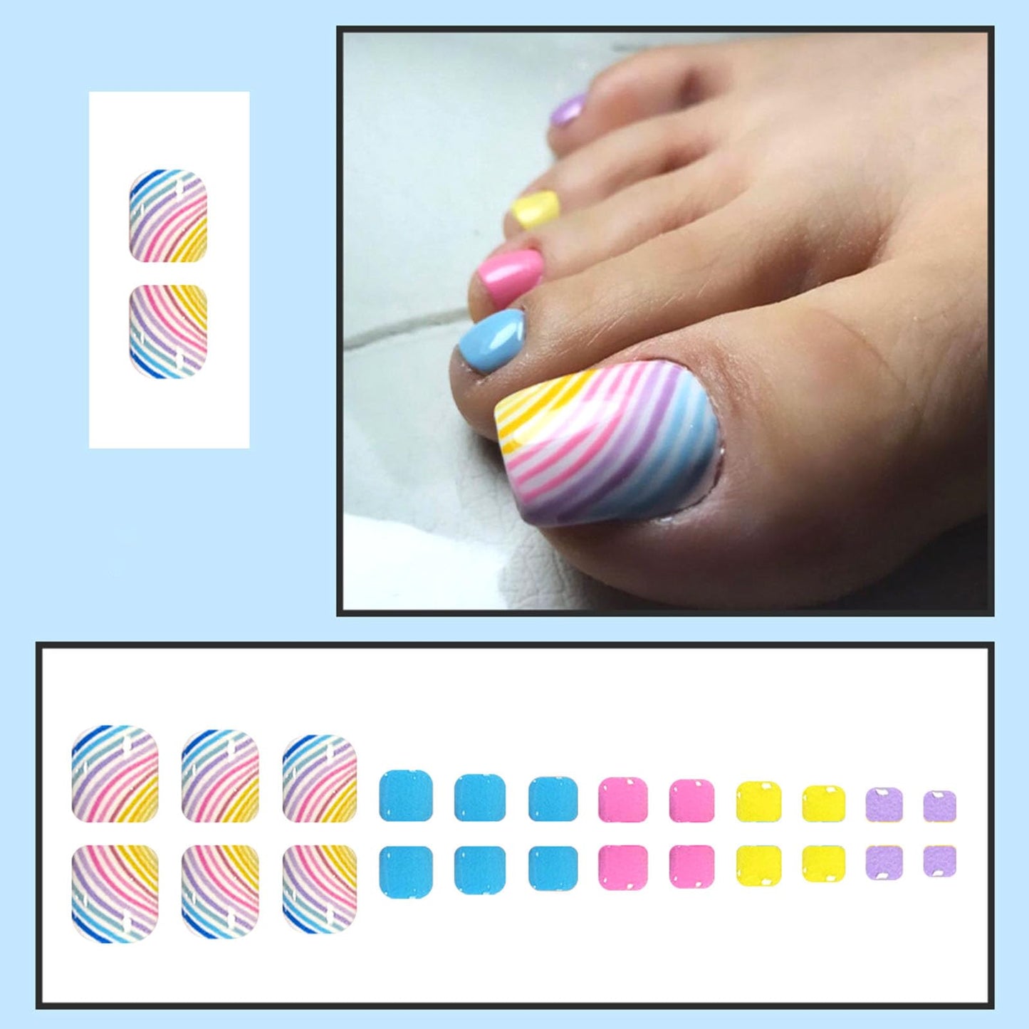 Summer Press on Toenails Color Fake Toe nails Short Square Toe nails Press ons with Color Lines Designs Glossy Acrylic Stick on Toenails for Women 24Pcs
