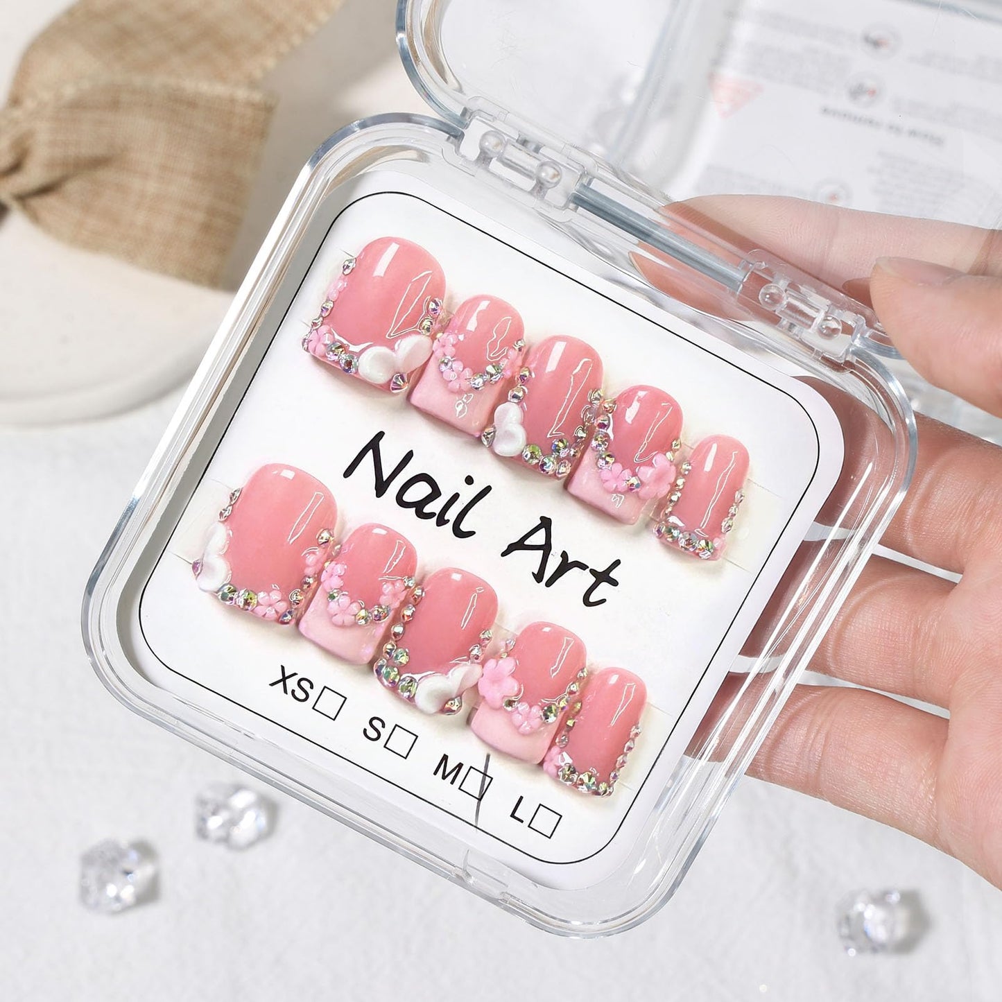 10 Pcs Handmade Press on Nails Short Square Fake Nails with Pink 3D Flower Rhinestones Design White French Tip False Nails Pink Acrylic M Size Press Ons Nails Square for Women