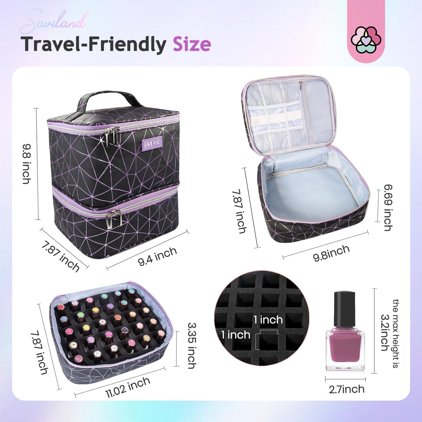 SAVILAND Nail Polish Organizer Bag: PU Leather Nail Kit Organizer Holds 30 Bottles & Nail Lamp, Black Nail Supply Organizer Nail Polish Carrying Case Gel Nail Organizers and Storage Box for Nail Tech