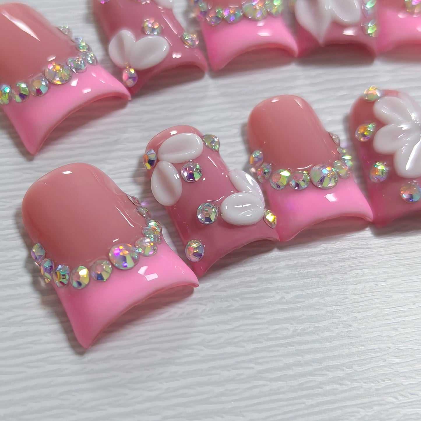 TENPAL Duckbill Shape Handmade Press On Nails Kit,Pink French Floral Nails with 3D Flowers Diamond Designs,Glazed Donut Nude Pink Fake Nails with Tools,Elegant French Tip Duckbill Nails with Gems(S)