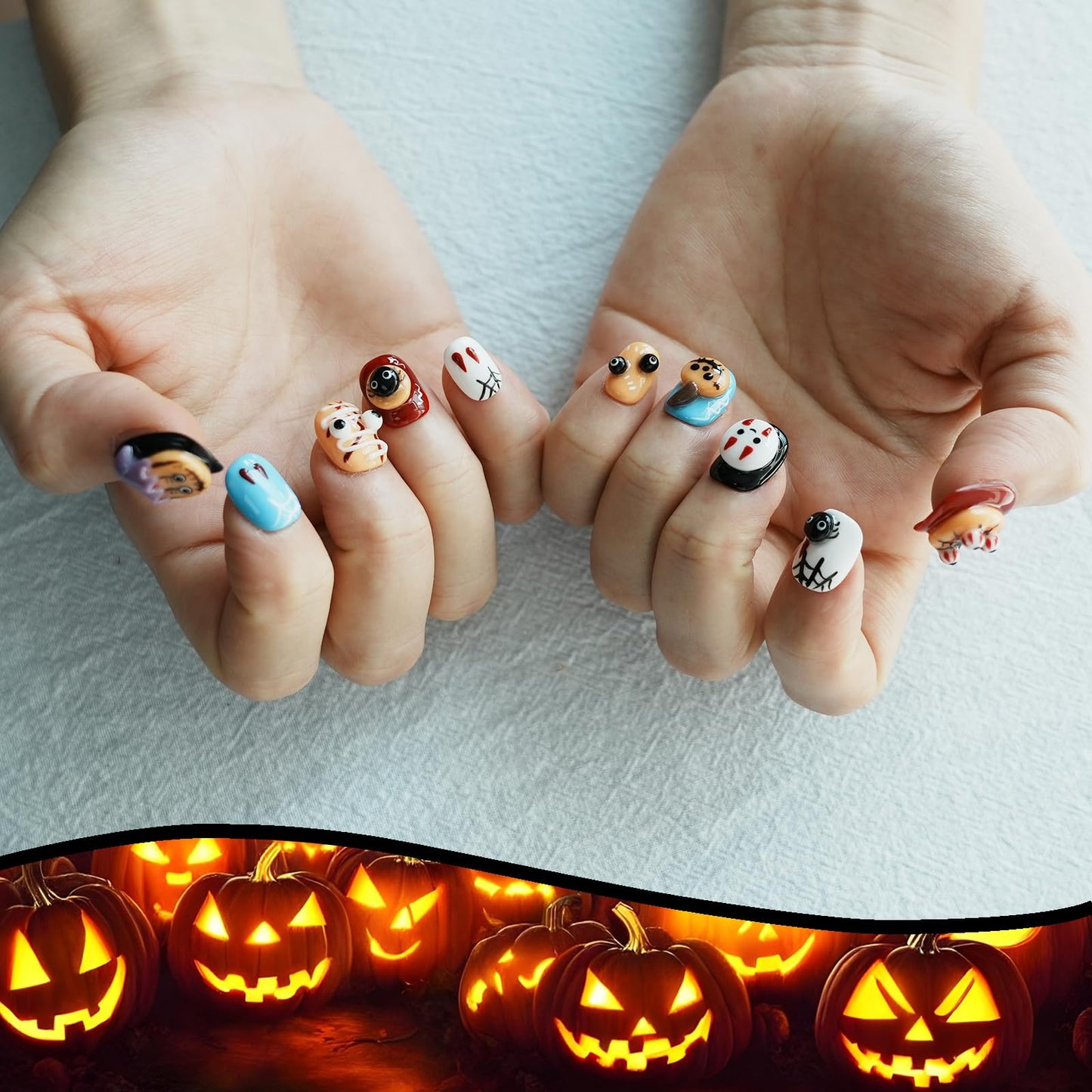 Handmade Kawaii 3D Embossed Press on Nails Short Round - Colorful Cute Character Art, Luxury Pop Art Aesthetic False Nails (Cute Ghost Party,S)