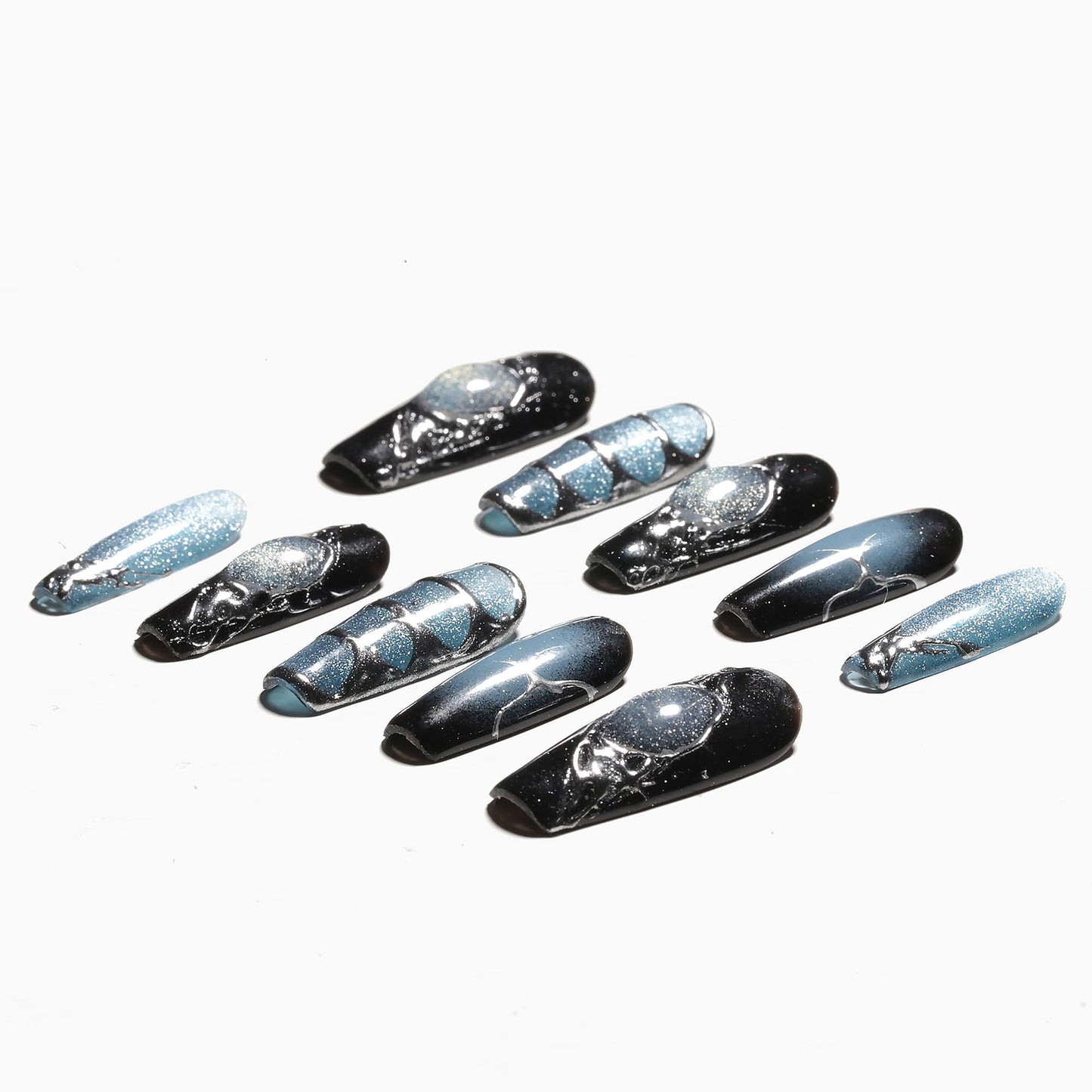 Sun&Beam Nails Handmade Press-on Medium Long Coffin Ballerina Blue Sliver Black Y2K Gradation Design False Nail Tips 10 Pcs (#138 M)