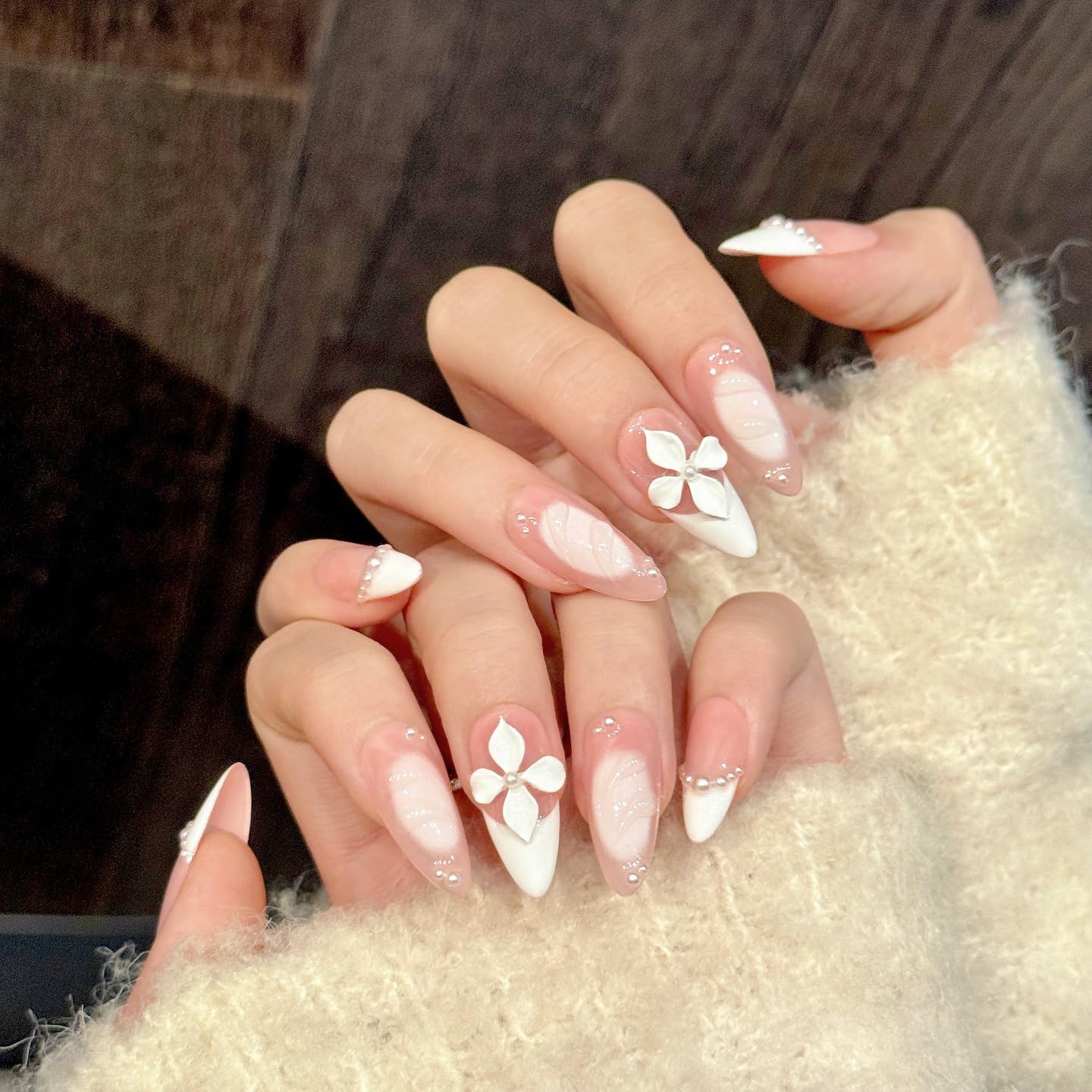 Handmade Press On Nails-3D Almond Pink French Manicure Aadorned With Pearl Carved Flowers ， Wedding Prom And Festival Gift，Thick Acrylic and Muti-Layer Gel Reusable False Nails (L)