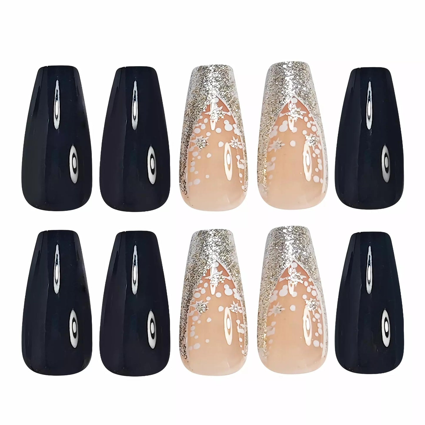 BABALAL Press on Nails Long Coffin Fake Nails Black Glue on Nails Glitter Bling Shine Acrylic Nails 24Pcs Ballerina Stick on Nail Supplies DIY Manicure Thick French Tip False Nail Art