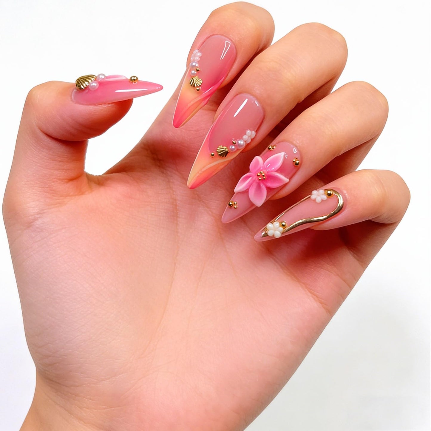 10 Pcs Handmade Press on Nails Long Stilettos Fake Nails with 3D Flowers French Tip Design Pink Acrylic False Nails Stiletto Press Ons Nails for Women Wedding Manicure - M Size