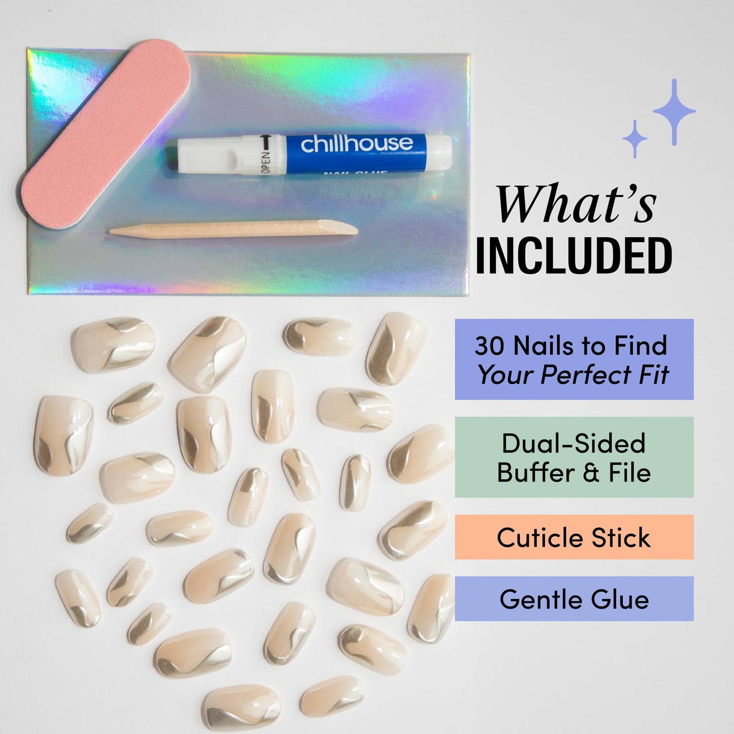 Chillhouse - Chill Tips, Press on Nails Kit - Tipsy Tinsel (Oval) - 30 Nail Shapes & Sizes - Up to 2 Weeks of Wear - Customizable Fit - Reusable - Latina Founded & Women Owned - Beauty & Self Care