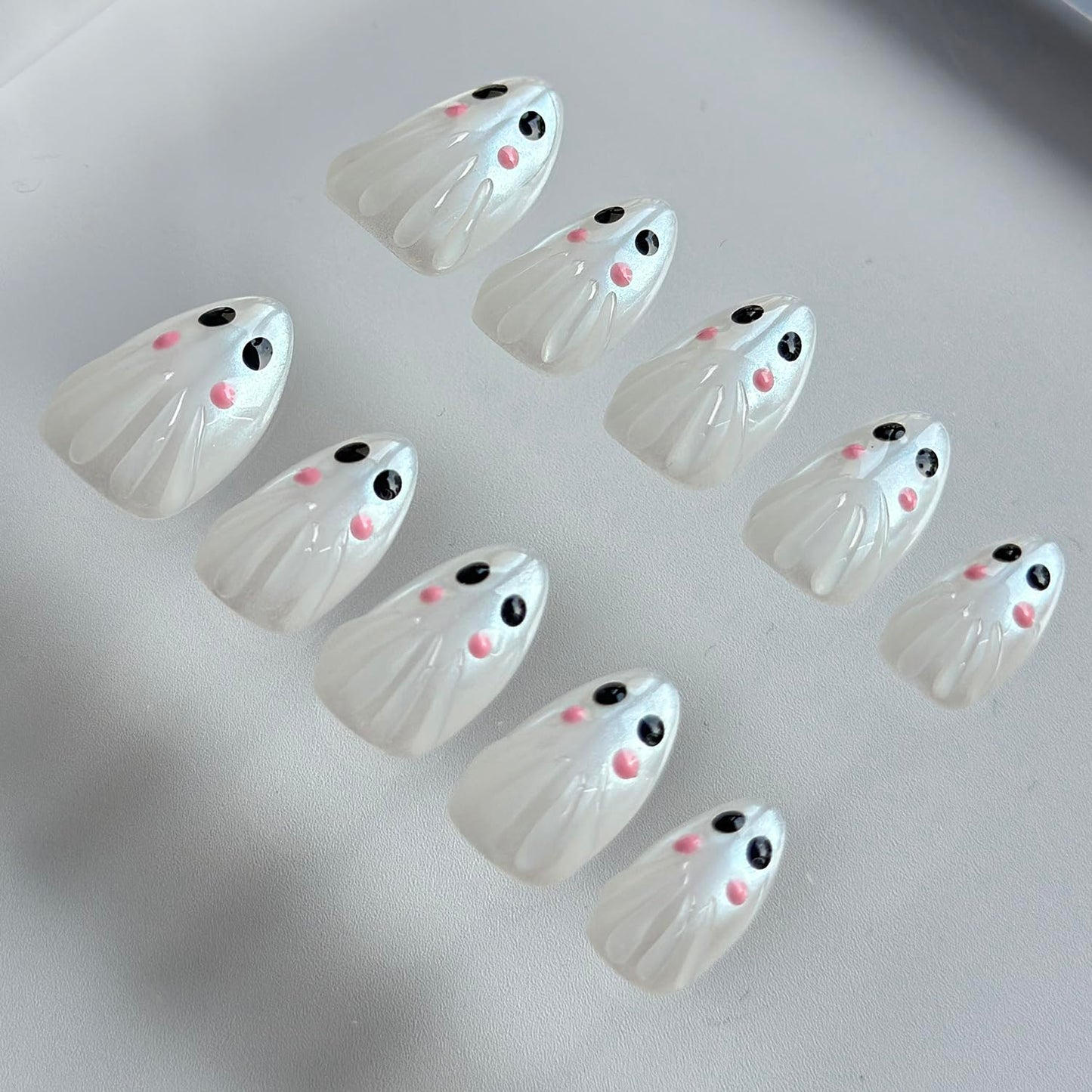 Halloween Press on Nails Medium Almond Handmade Nails 3D Unique Reusable ABS Material Luxury Fake Nails Chrome Cute Little Ghost False Nails with Designs Glossy Glue on Nails Thick Acrylic Nails(M)