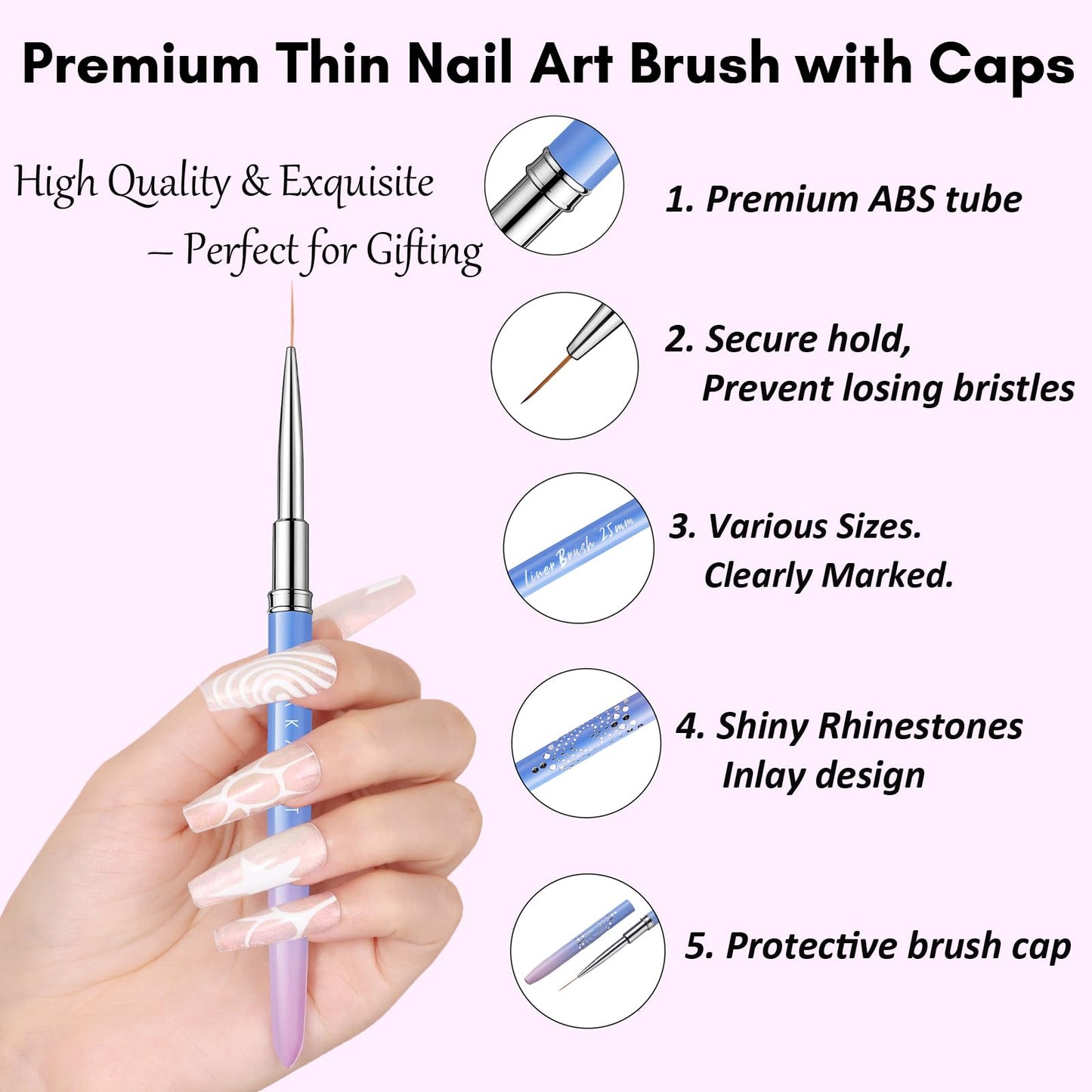Makartt Nail Art Brushes Set: 5pcs Liner Brushes 7/9/11/15/25mm Thin Nail Art Design Brush with Cap Nail Polish Brush for Builder Gel 3D Nail Gel French Tip Tool Nail Painting
