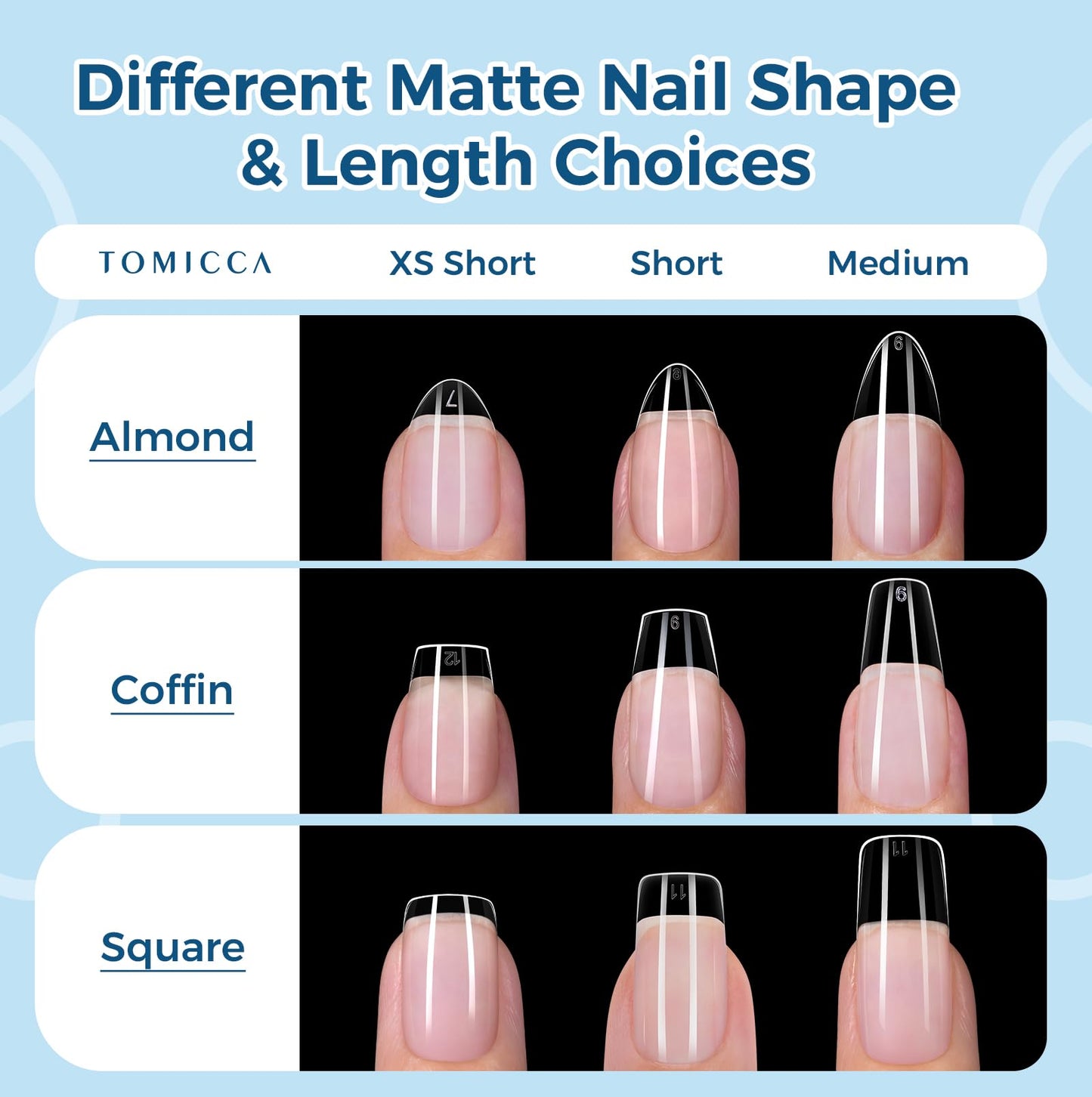 TOMICCA Short Coffin Nails 510Pcs 15 Sizes Pre Shaped Half Matte Acrylic Fake Nails Clear Press On Nails for Manicure Salon for Women