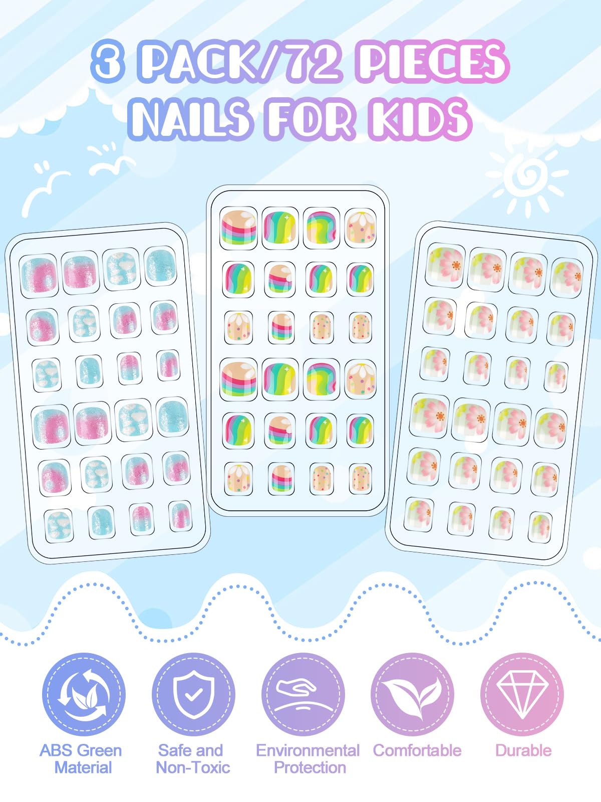 72 Pieces Press on Nails Kids, EBANKU Girls Fake Artificial False Nail Tips Pre Adhesive Pads Full Cover Press on Nails for Girls Nail DIY