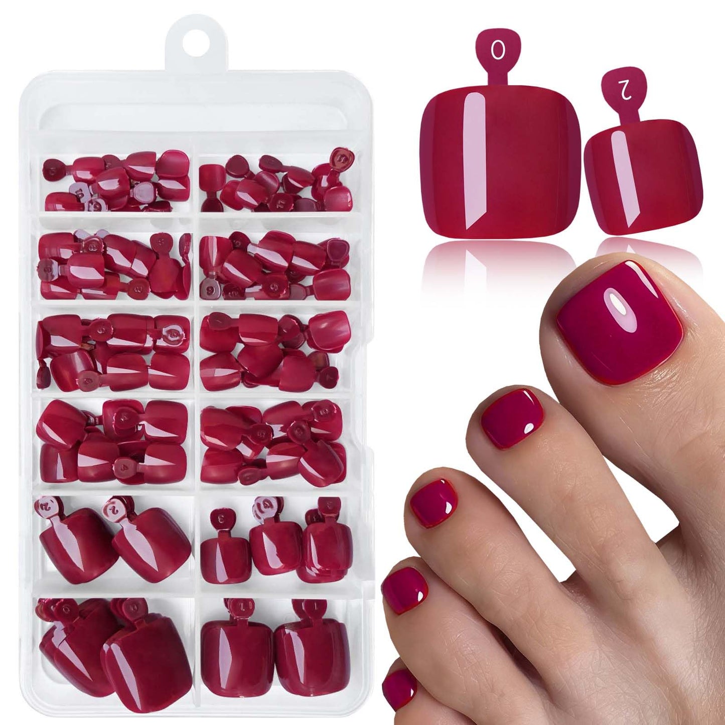 LoveOurHome 120pc Burgundy Press on Toenails Women Fake Toe Nails with Tabs, Wine Red Fake Toenails Press on Toe Nails Glue on Toenail Acrylic Toes Nail Tips Artificial False Toenail for Women