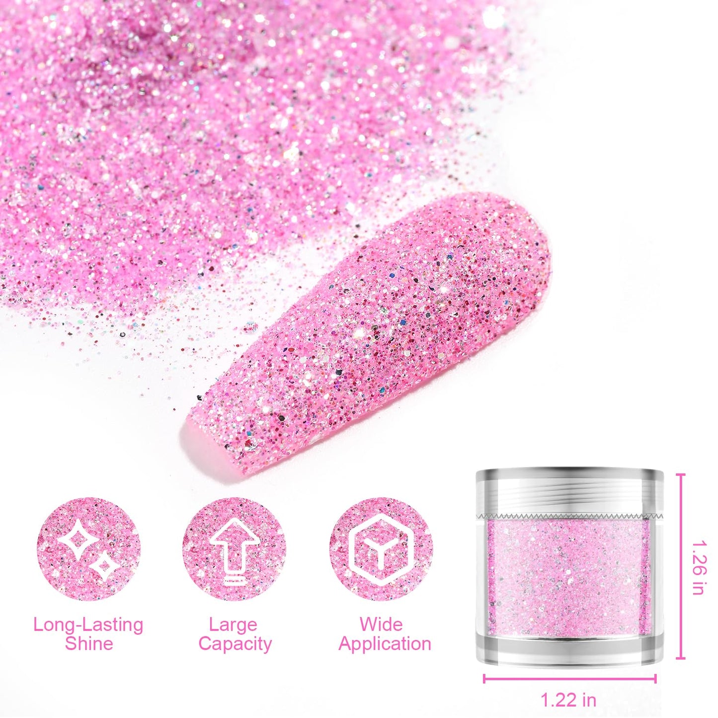 Furtherpretty Pink Glitter for Nails Set, 6 Colors Rose Red Pink Sugar Nail Powders, Holographic Fine Glitter Dust for Valentine’s Day Nail Art Design, DIY Manicure Salon Supplies with Brush(#1 Sugar)