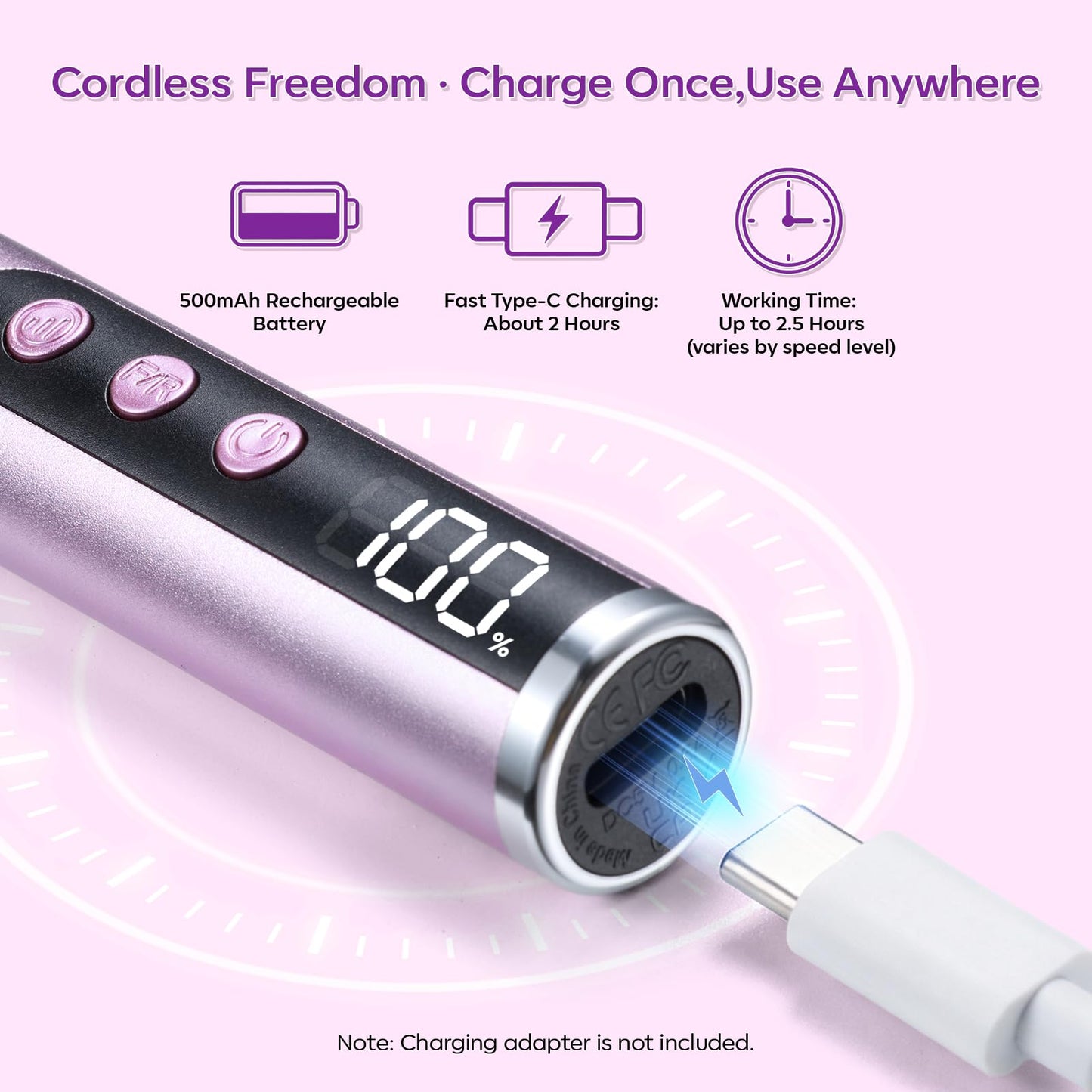 Makartt Pen-Shaped Rechargeable Nail Drill for Beginners: 25,000 RPM Cordless Electric Nail File with 5-Speed LED Display, Lightweight Quiet E File Kit for Gel Polish Removal, Home Travel Use(Purple)