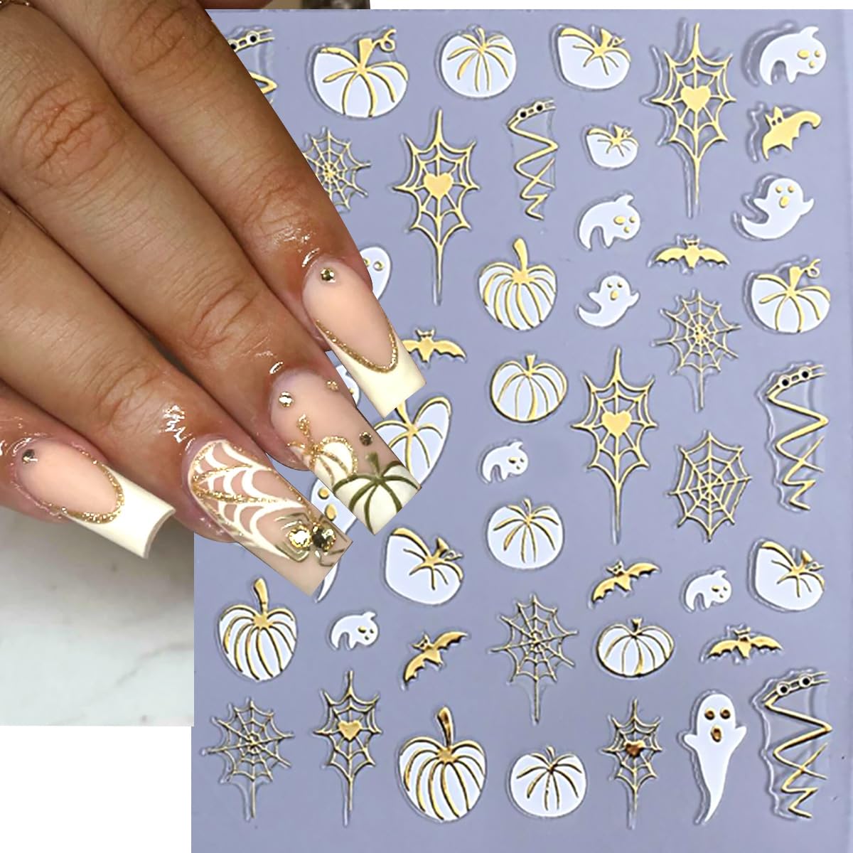 Halloween 5D Embossed Gold Spider Web Nail Art Stickers Cute Ghost Nail Art Decals Self-Adhesive Pumpkin Nail Decals Star Bat Nail Stickers Holiday Nail Supplies for Women Acrylic Nails 6 Sheets