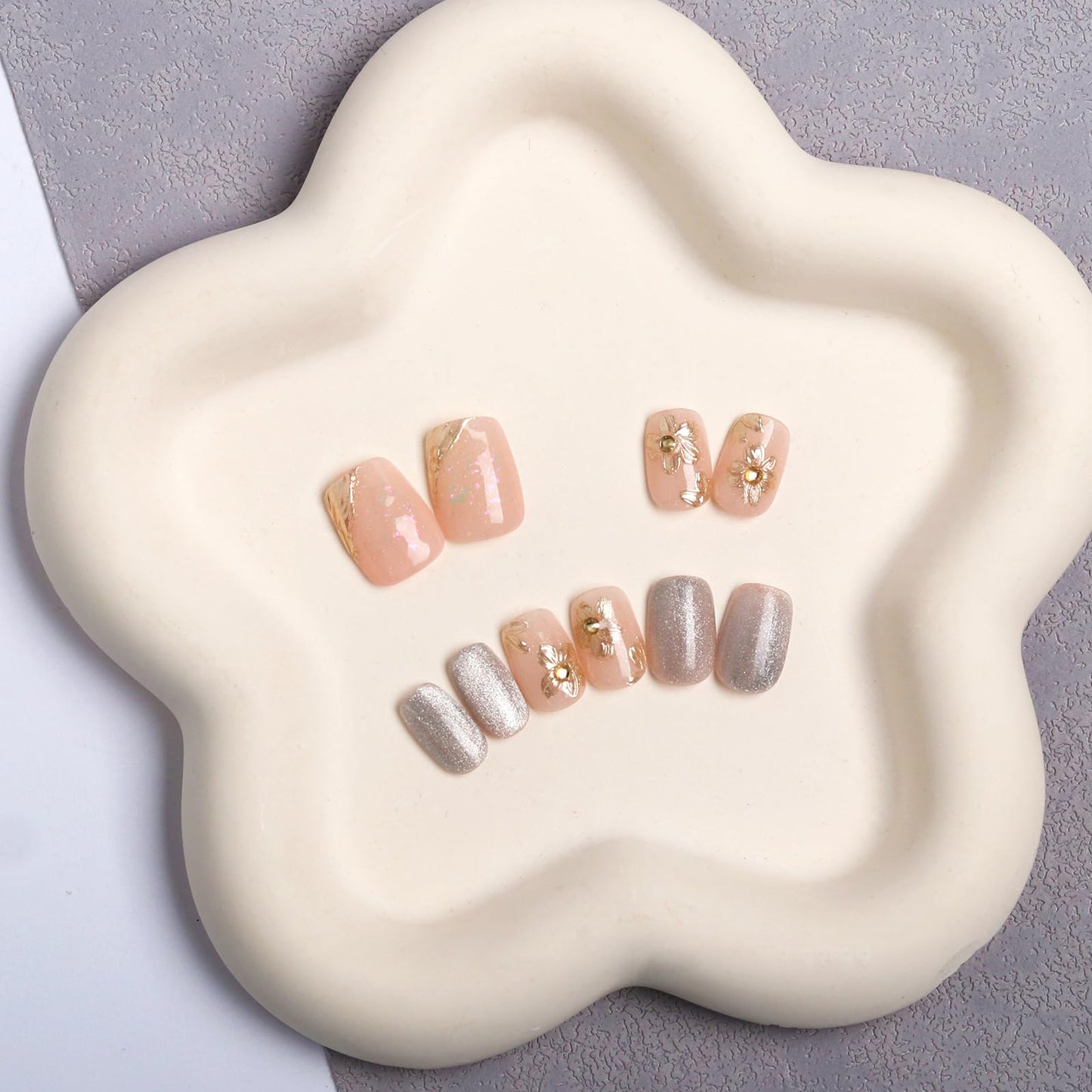 CHARMARK Press on Nails Handmade Gel Manicure, Unique Exquisite for Daily, Party, Bridal Decorations Nail Kit, 16Pcs Reusable Well Made Glue/Stick on Nail (04.Golden flower, M-suit for 70% people)