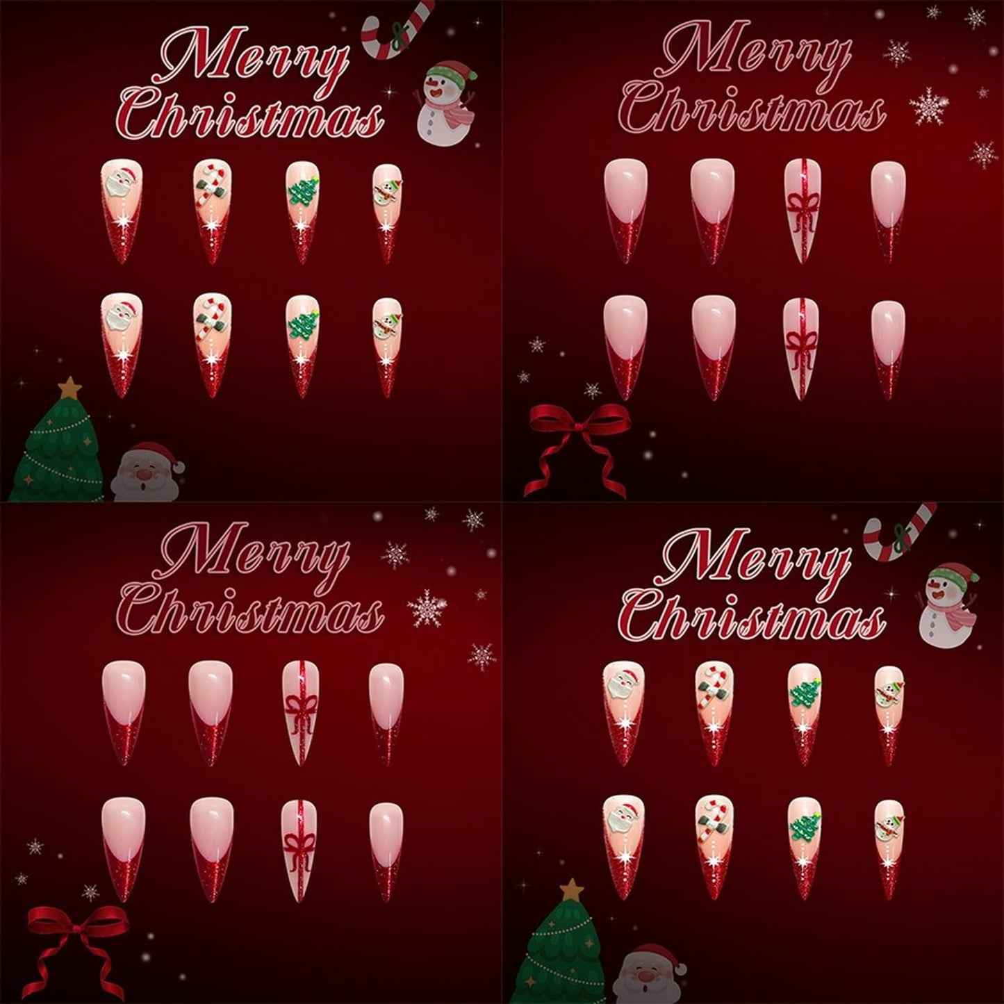 Christmas Press on Nails Kit 48 Pcs Long Stiletto Fake Nails 2 Style Red French Tip False Nails with Xmas Tree Santa Charms Bow Glitter Designs Glossy Glue on Nail Winter Acrylic Nails for Women Girls