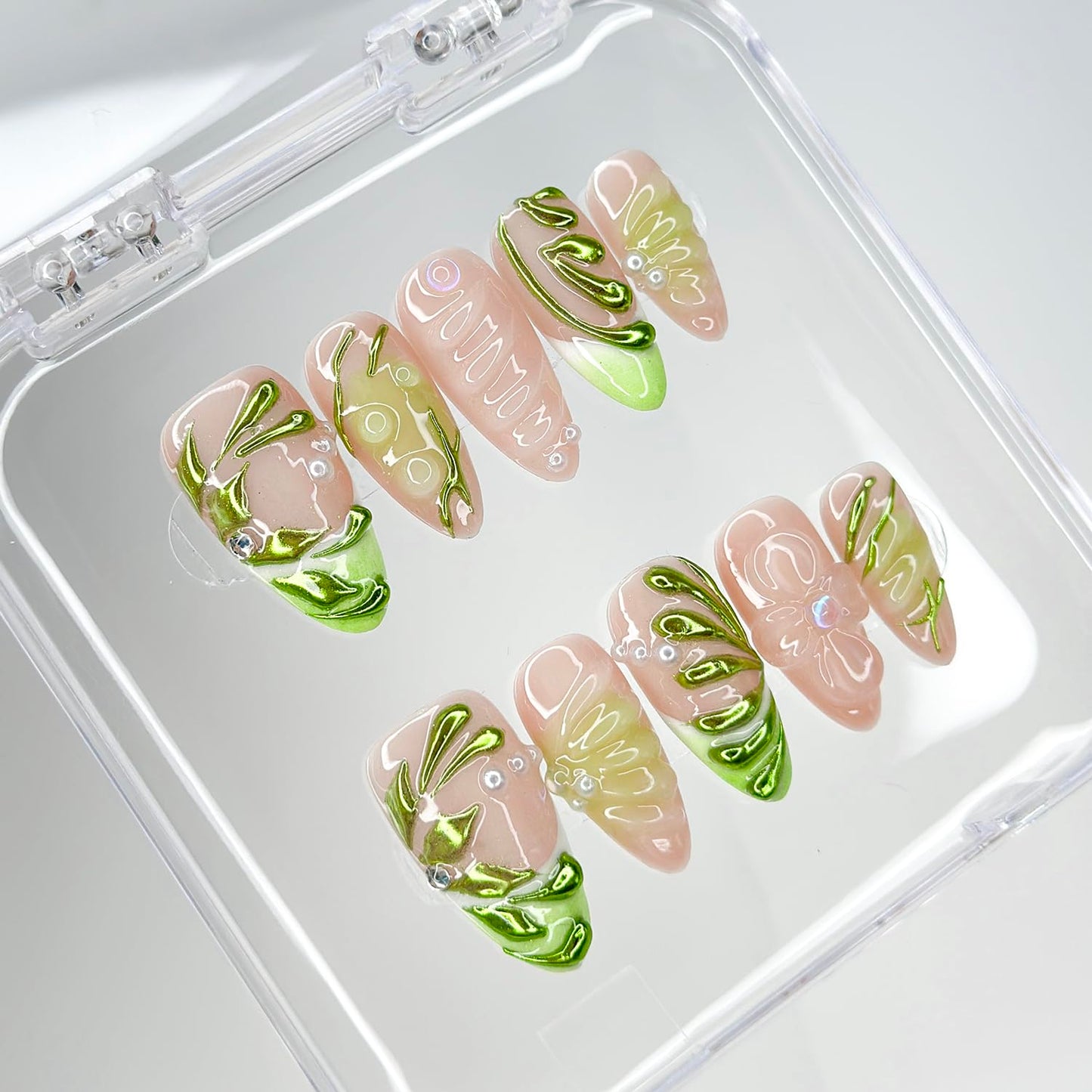 OFDNE Luxury Press On Nails Medium Almond Handmade 3D Unique Reusable ABS Material False Nails Green with Designs Pearls Floral Art Petal Glossy Glue on Nails Thick Acrylic Nails (10 Pieces, 1 Set)