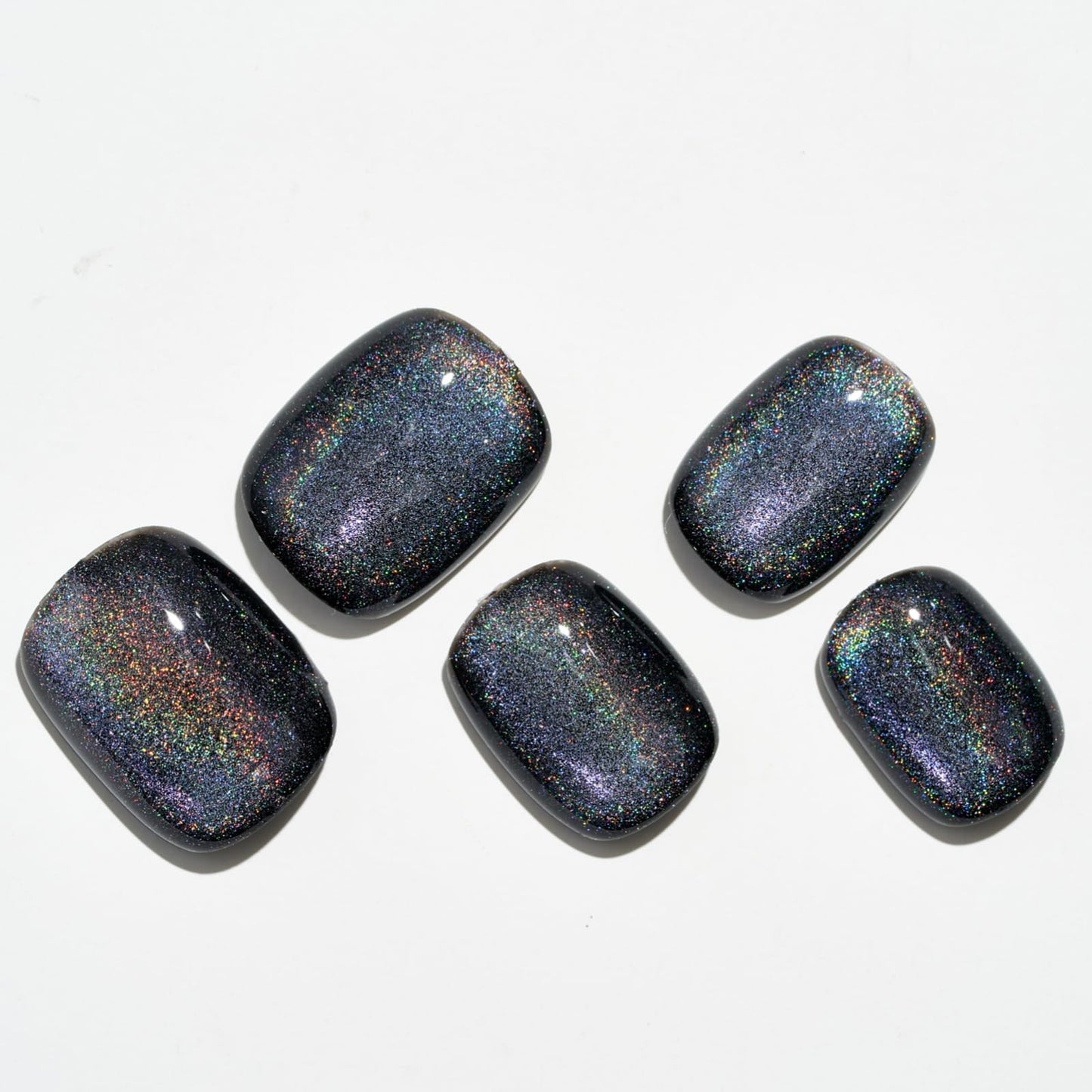 GLAMERMAID Laser Black Short Press on Nails, Aurora Cat Eyes Handmade Extra Short Squoval Glue on Nails for Women, Square Soft Gel Fake Nails, Round Reusable Acrylic False Nails Manicure Kit for Women