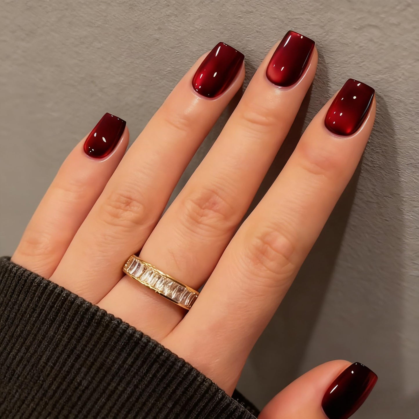 KQueenest Cat Eye Press On Nails Short - Dark Red Press On Nails Square, 30 Pcs 15 Sizes Glitter Burgundy Fake Nails Press ons, Thick Quality, Reusable Small Glue on Nail for Women Goth Party
