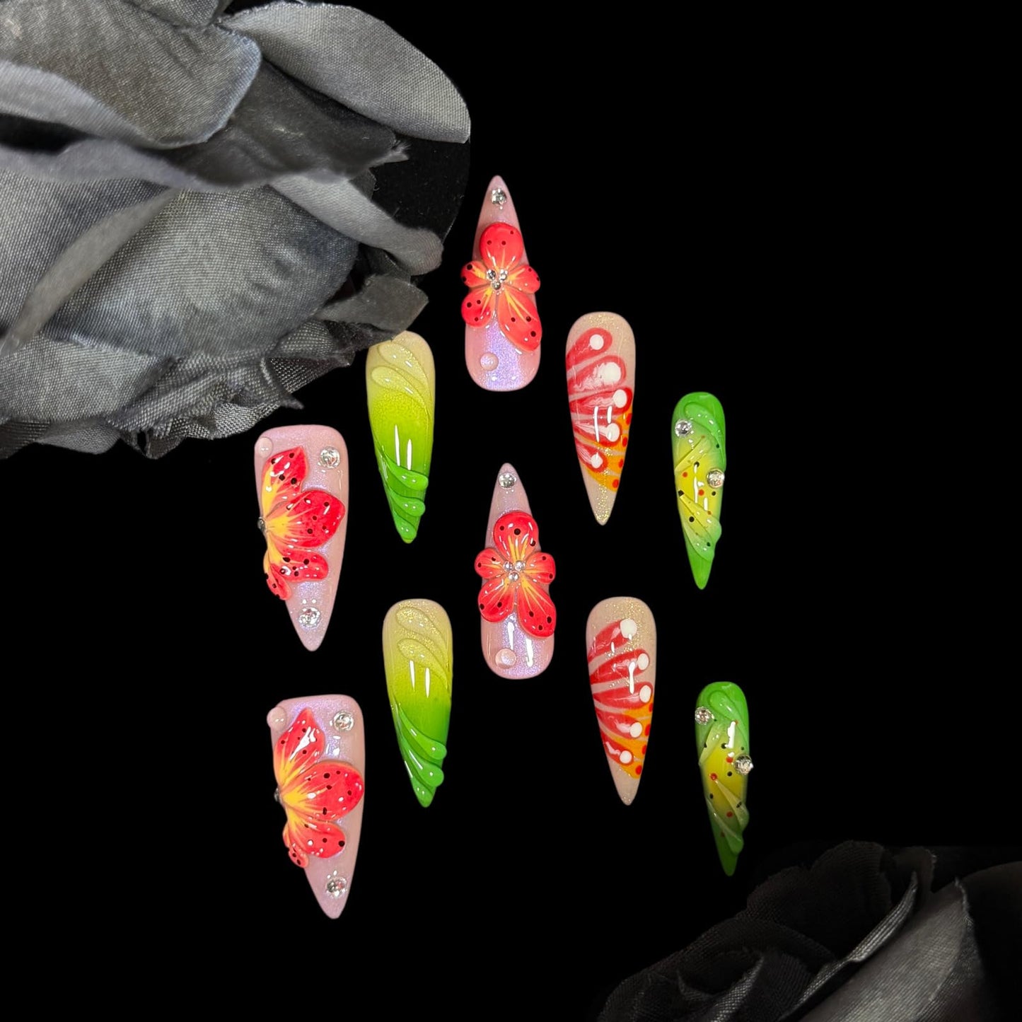 Handmade Press On Nails, Stiletto Shape, 3D Floral Botanical Muse Art, Vibrant Multi-Color Design, Thick Acrylic Fake Nails Set Tropical (S)