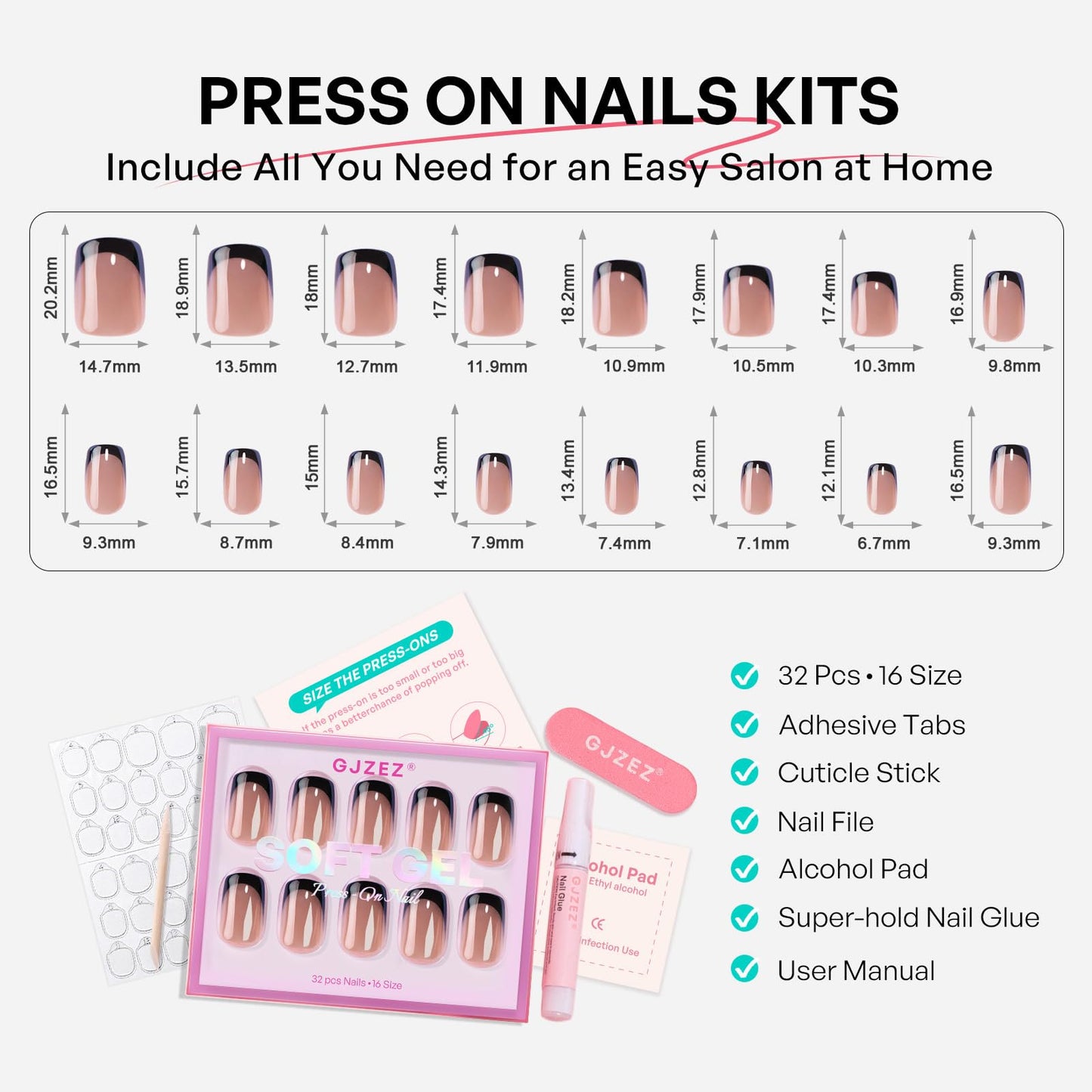 Black French Tip Glazed Donut Chrome Press On Nails - GJZEZ Soft Gel Medium Square Holographic Licorice Nails, Iridescent Shimmery Halloween Fall Glue on Nail | 16 Sizes - 32pcs Reusable Nail