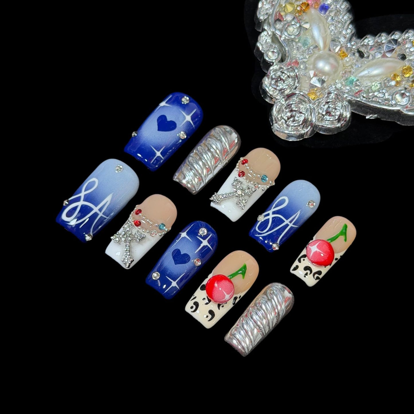 Handmade Press On Nails, Short Square Blue Nude with 3D Cherry, Rhinestone Chrome Acrylic, Reusable Stick On Nails Rebel Symphony (M)