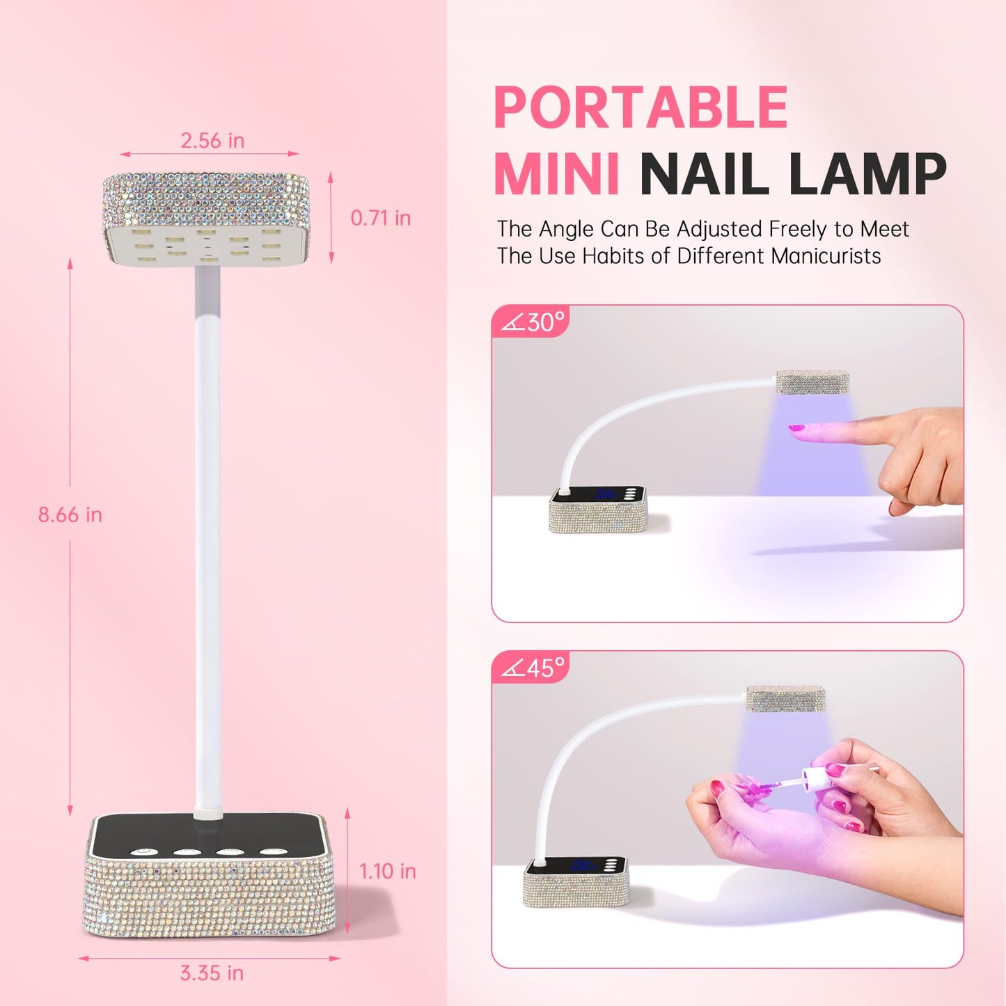CHRISTINE SHELLY UV LED Nail Lamp, Mini UV Light for Gel Nails Polish, Rechargeable with 4 Timers, Nail Dryer, Quick Drying Cordless Goosenecks Home Nail Salon DIY Manicure (M9-White Diamond)